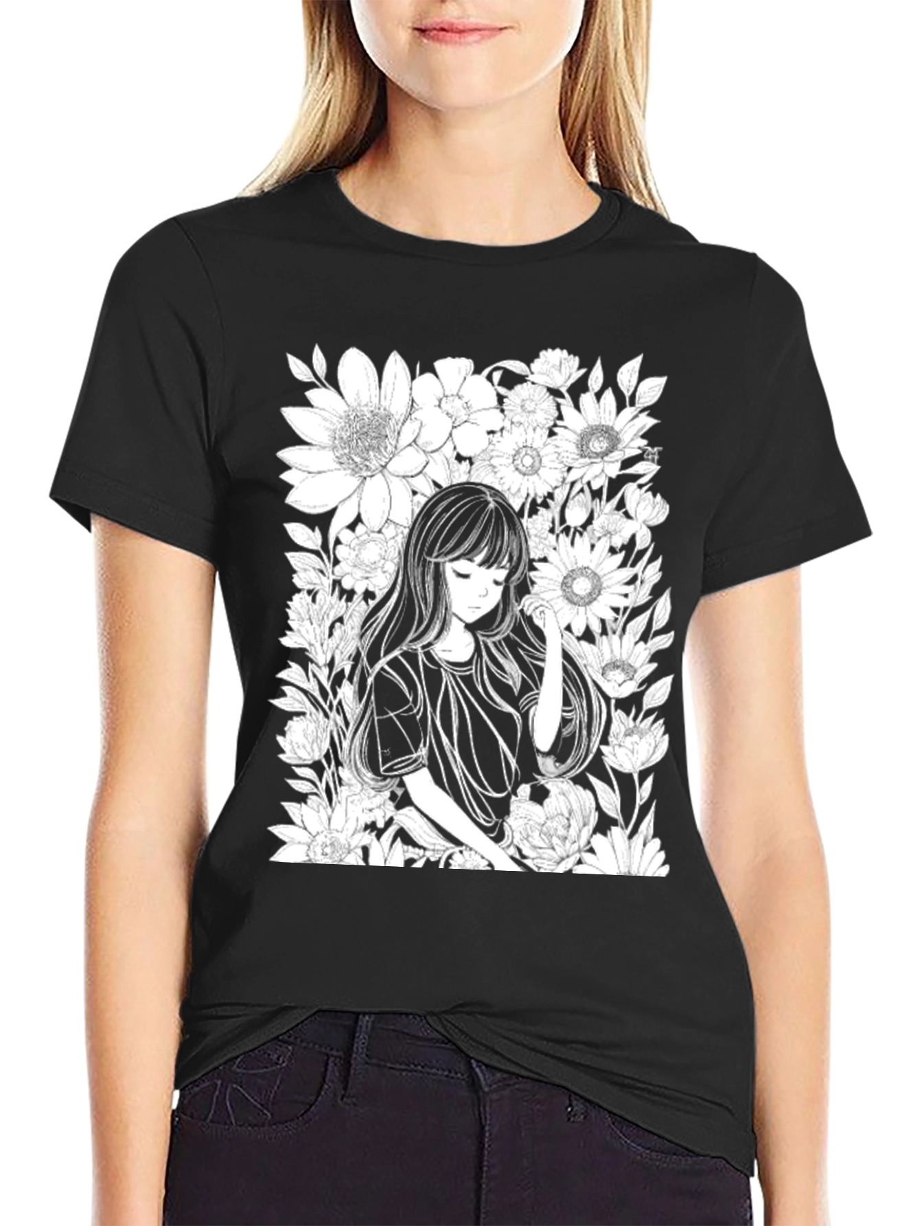 Anime Girl Floral T-Shirt - Black Cotton Tee