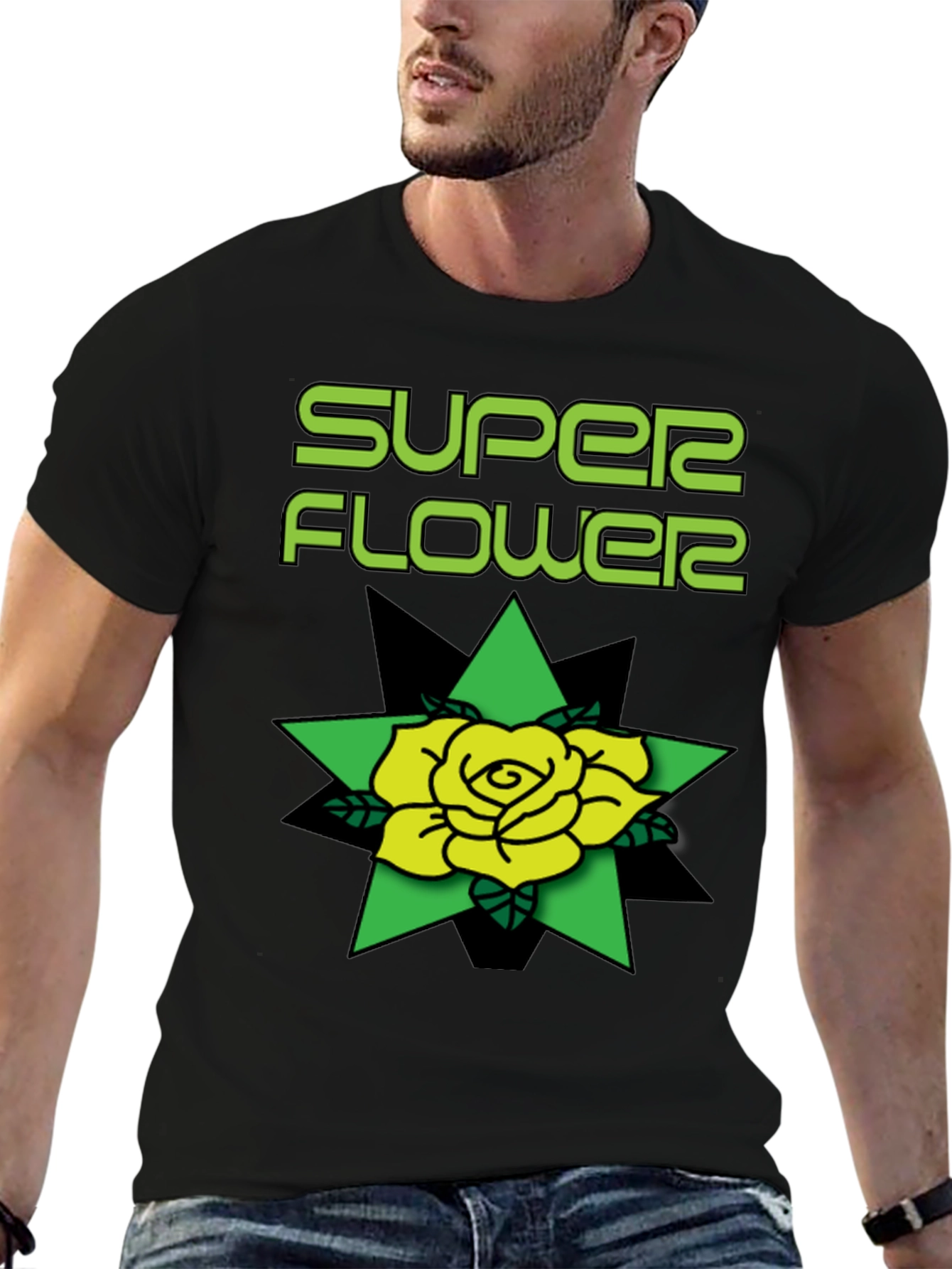 Super Flower Black T-Shirt Rose Graphic
