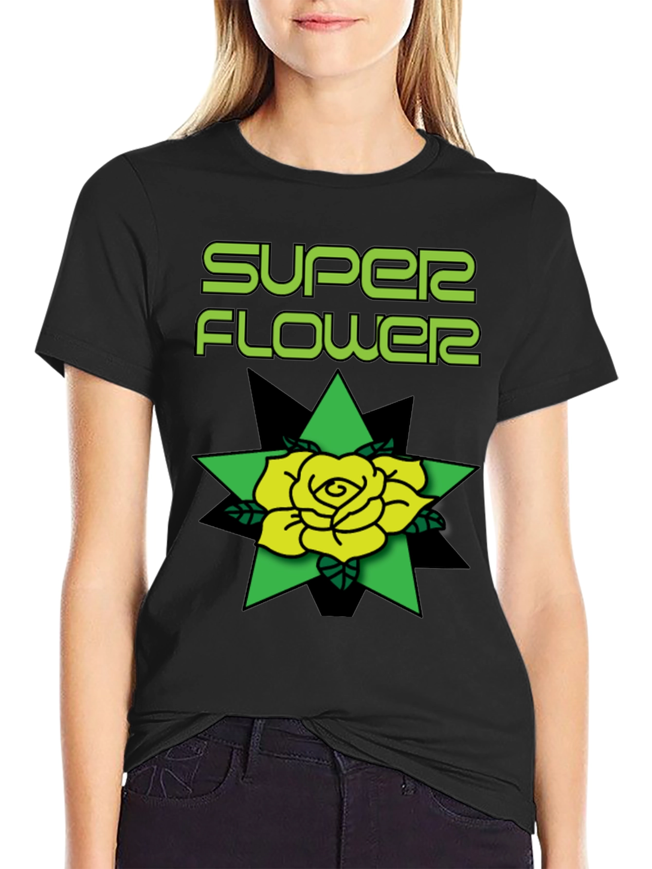 Super Flower Black T-Shirt Rose Graphic
