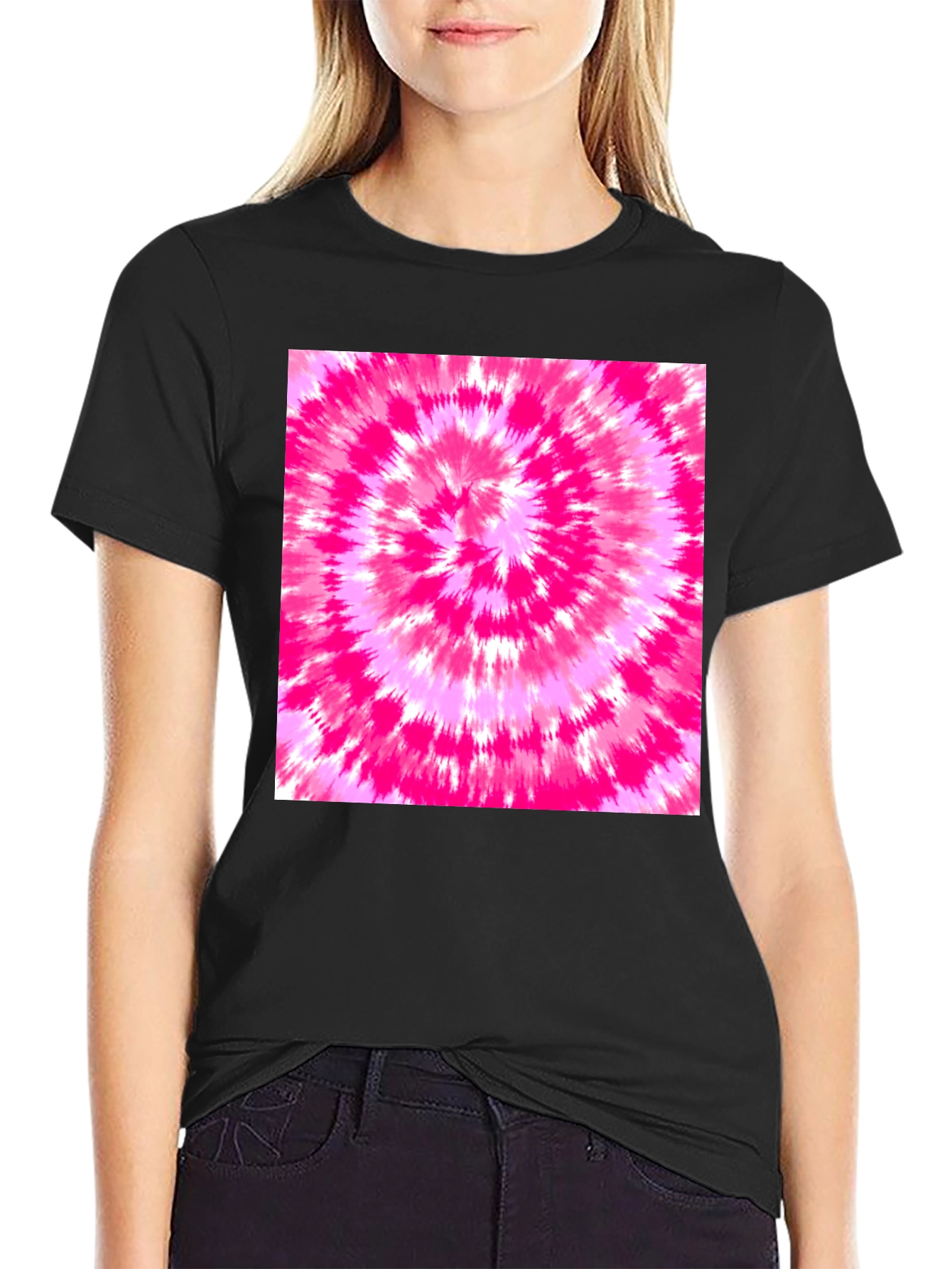 Black Tee with Vibrant Pink Tie-Dye Design