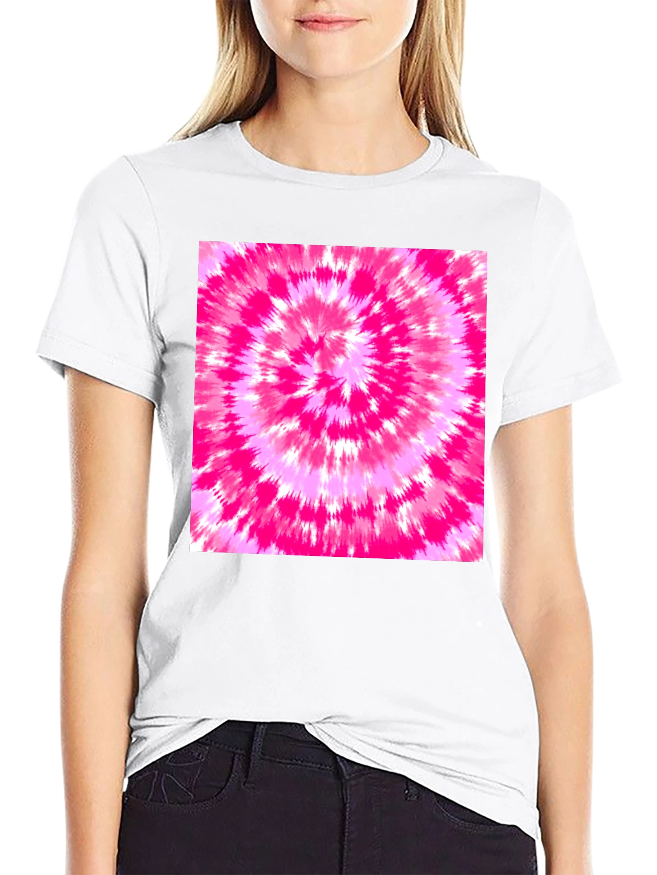 Black Tee with Vibrant Pink Tie-Dye Design