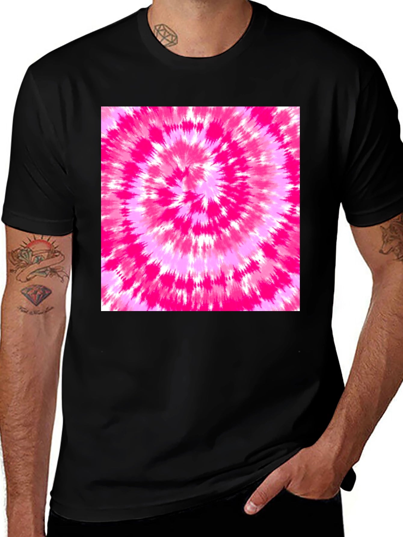 Black Tee with Vibrant Pink Tie-Dye Design