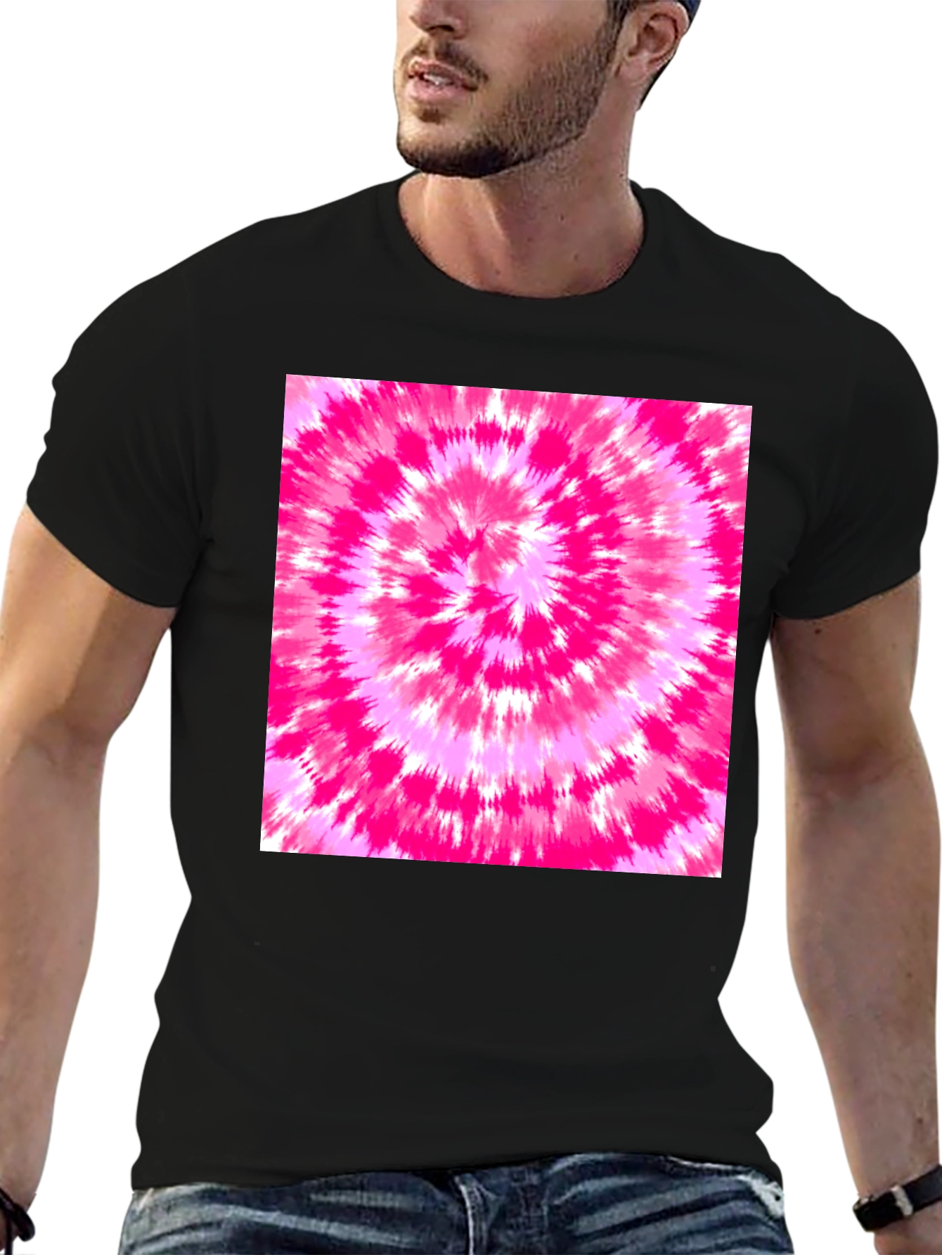Black Tee with Vibrant Pink Tie-Dye Design