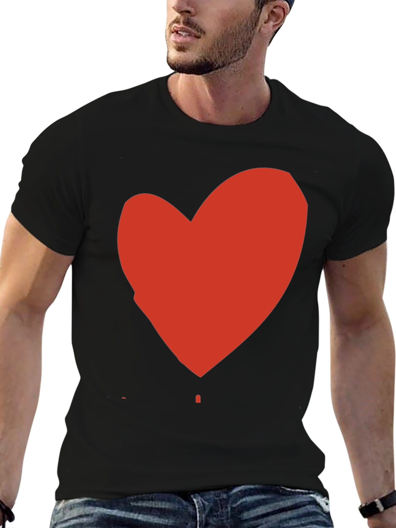 Black T-Shirt with Red Heart Graphic Print