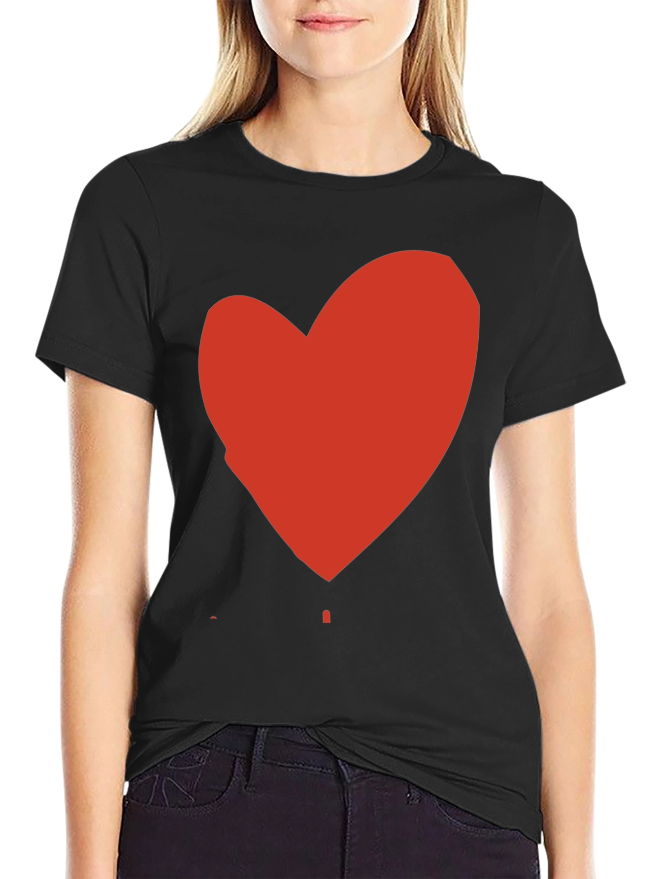 Black T-Shirt with Red Heart Graphic Print