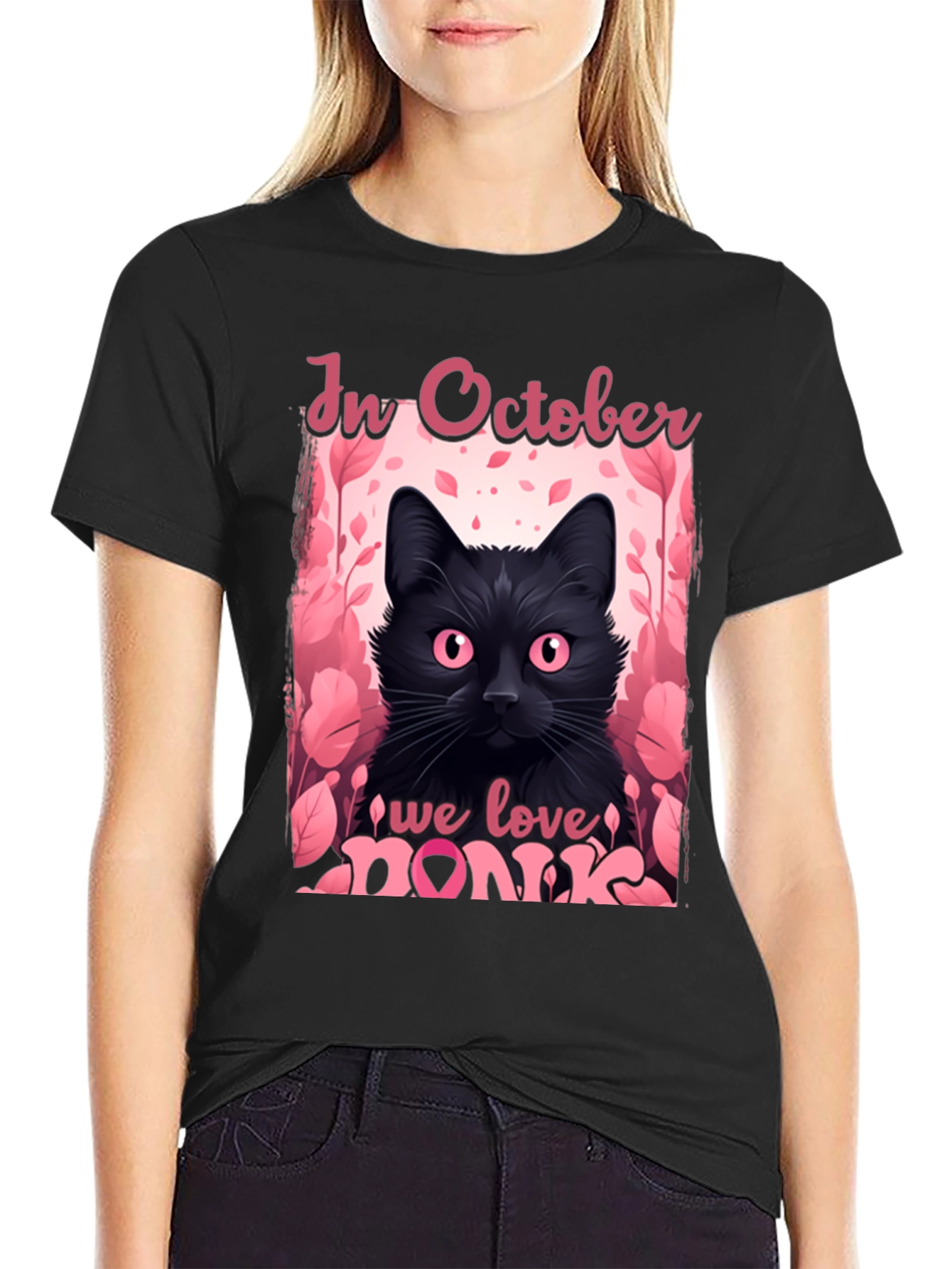 October Breast Cancer Awareness Black Cat T-Shirt