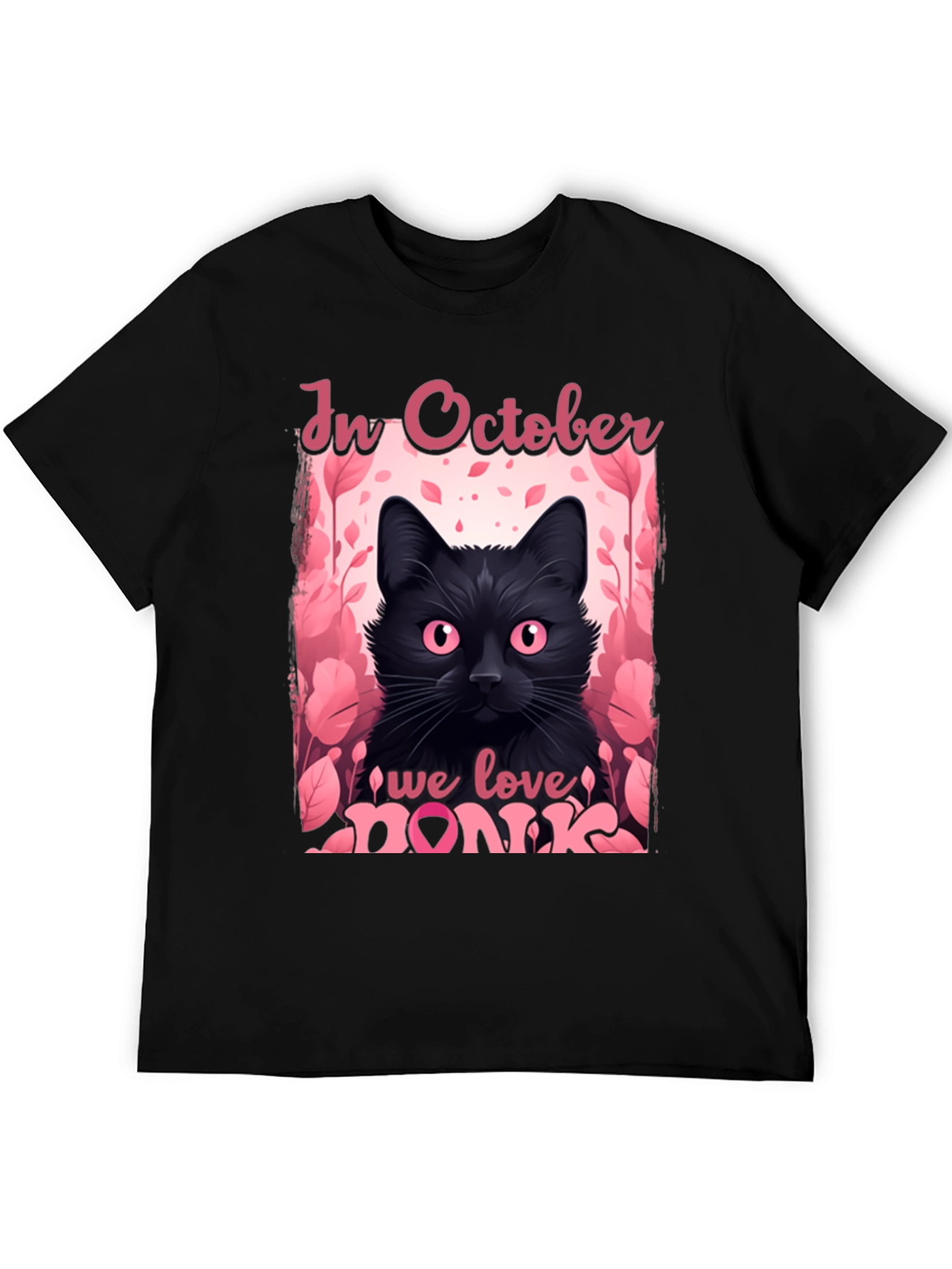 October Breast Cancer Awareness Black Cat T-Shirt