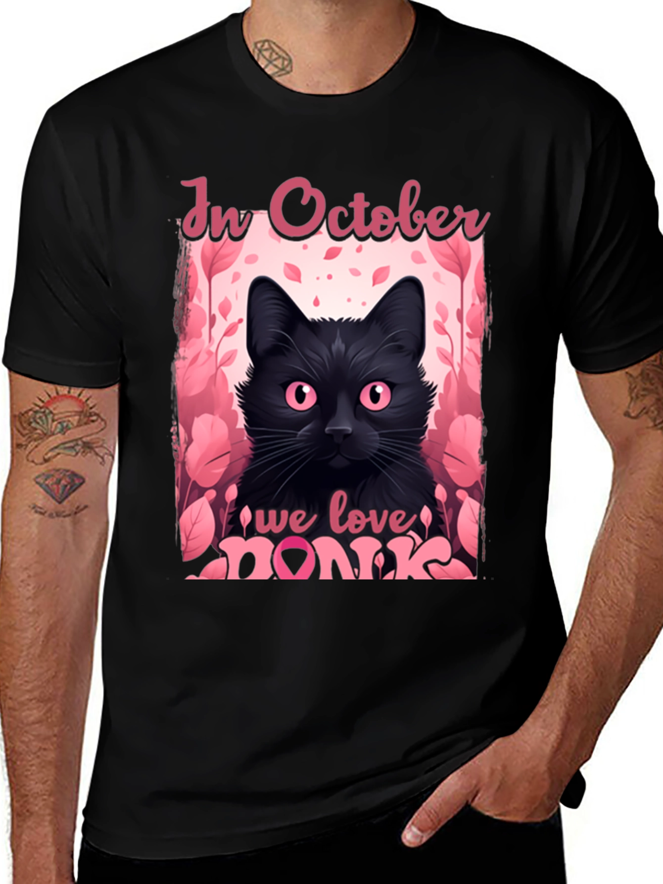 October Breast Cancer Awareness Black Cat T-Shirt
