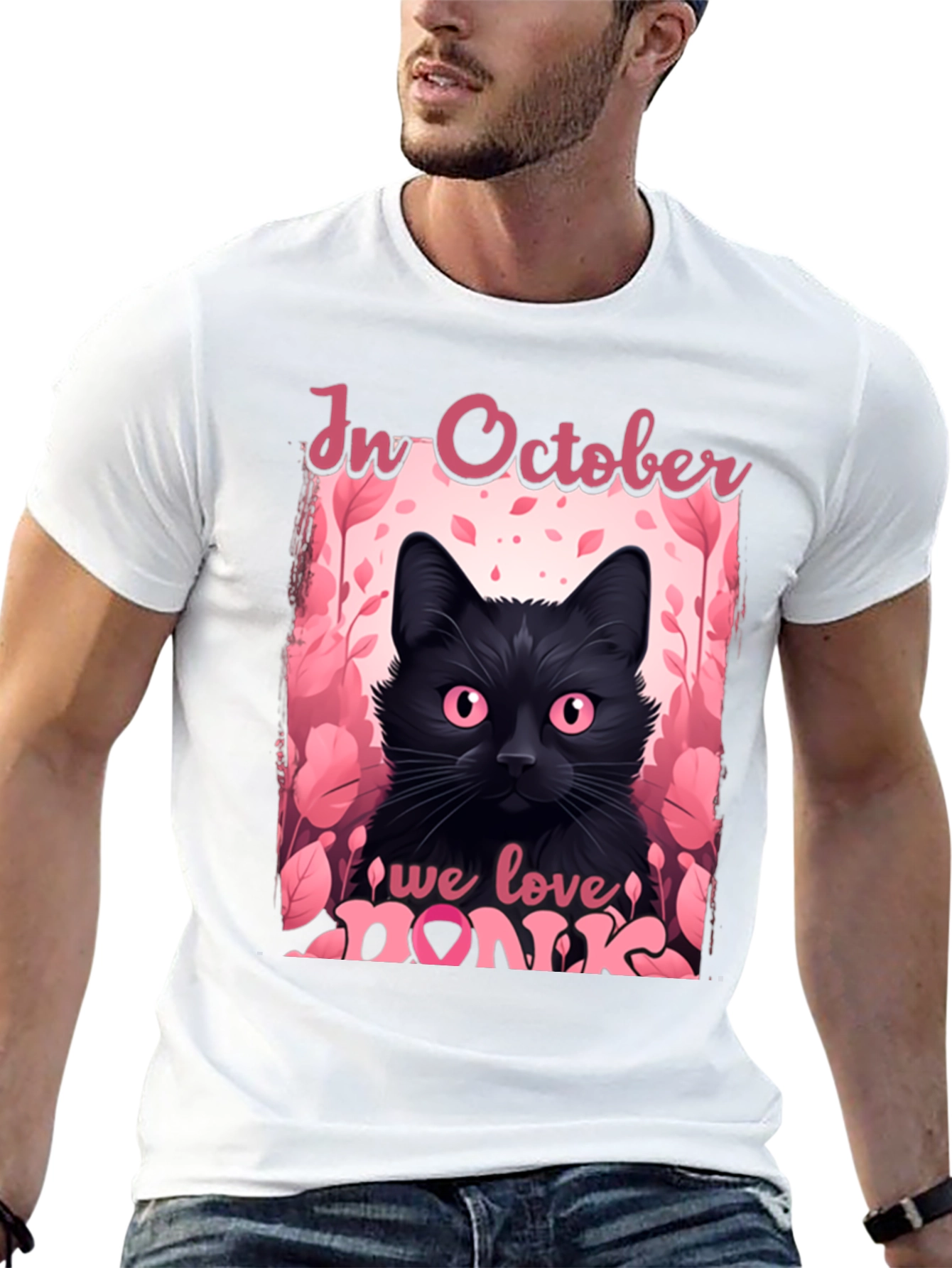 October Breast Cancer Awareness Black Cat T-Shirt