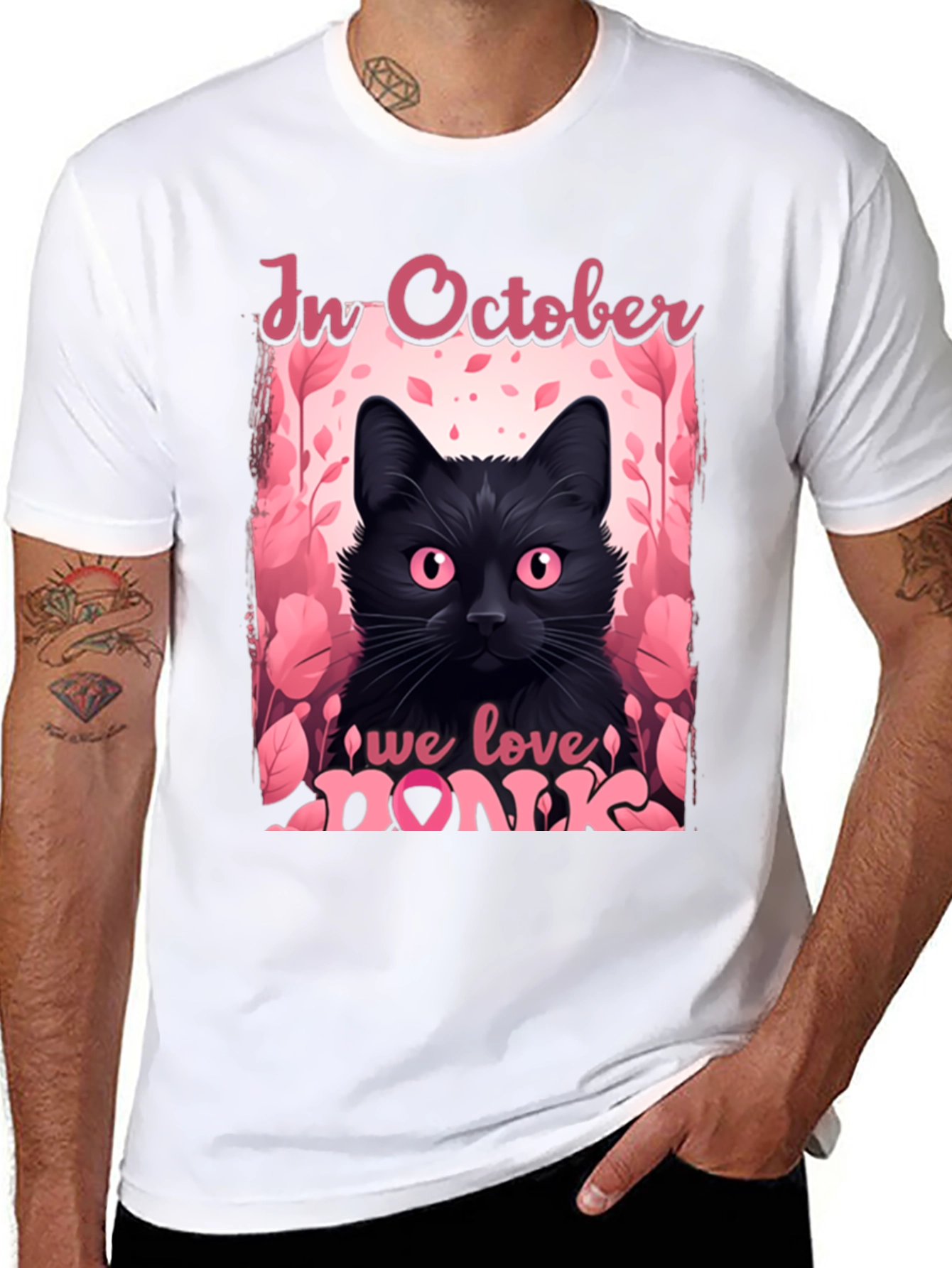 October Breast Cancer Awareness Black Cat T-Shirt