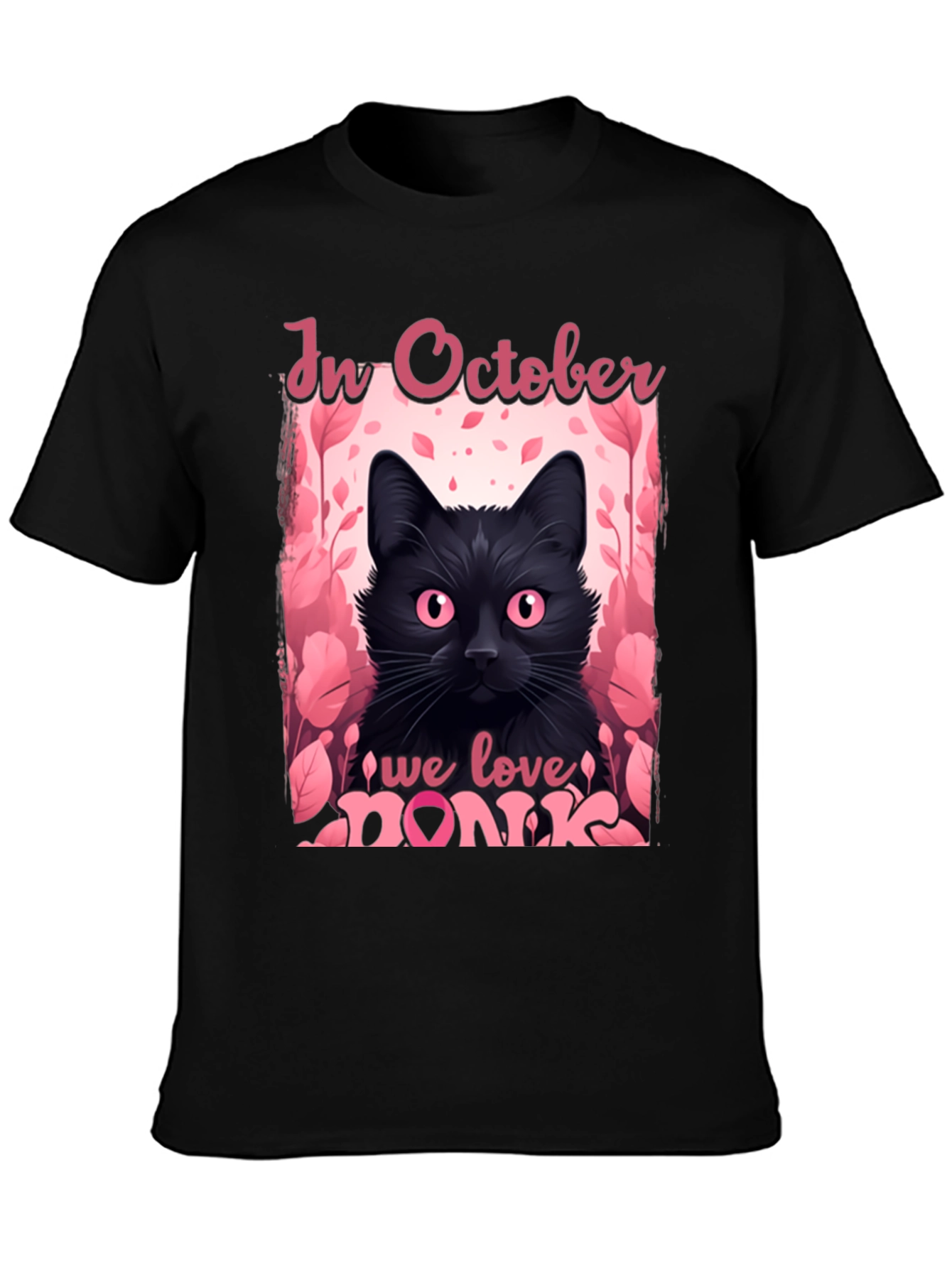 October Breast Cancer Awareness Black Cat T-Shirt