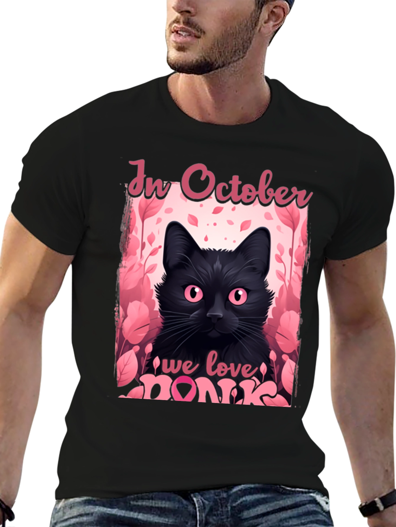 October Breast Cancer Awareness Black Cat T-Shirt