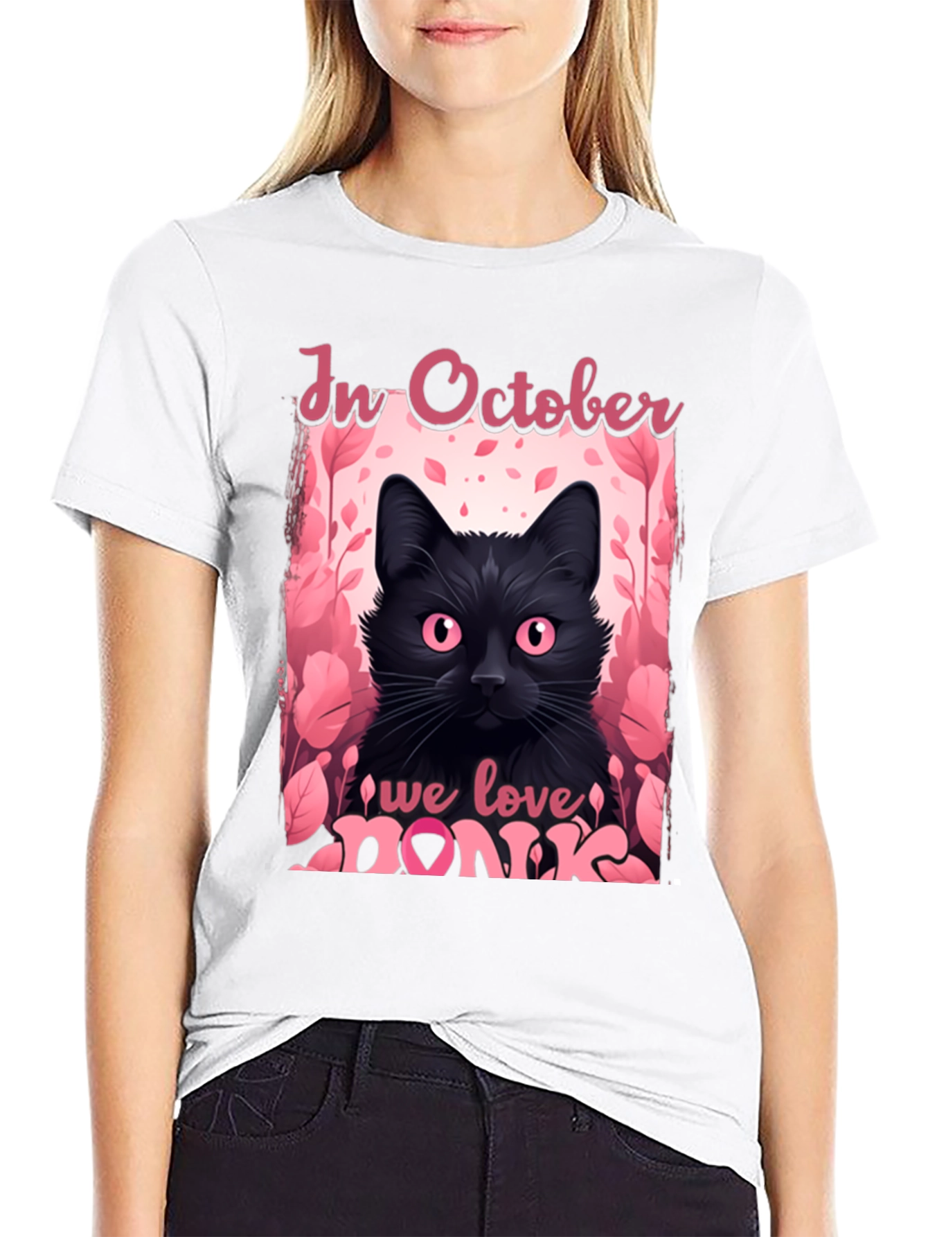 October Breast Cancer Awareness Black Cat T-Shirt