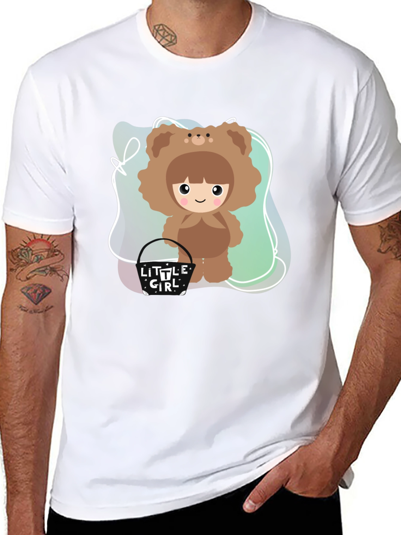 Cute Cartoon Girl Bear Costume Black T-Shirt