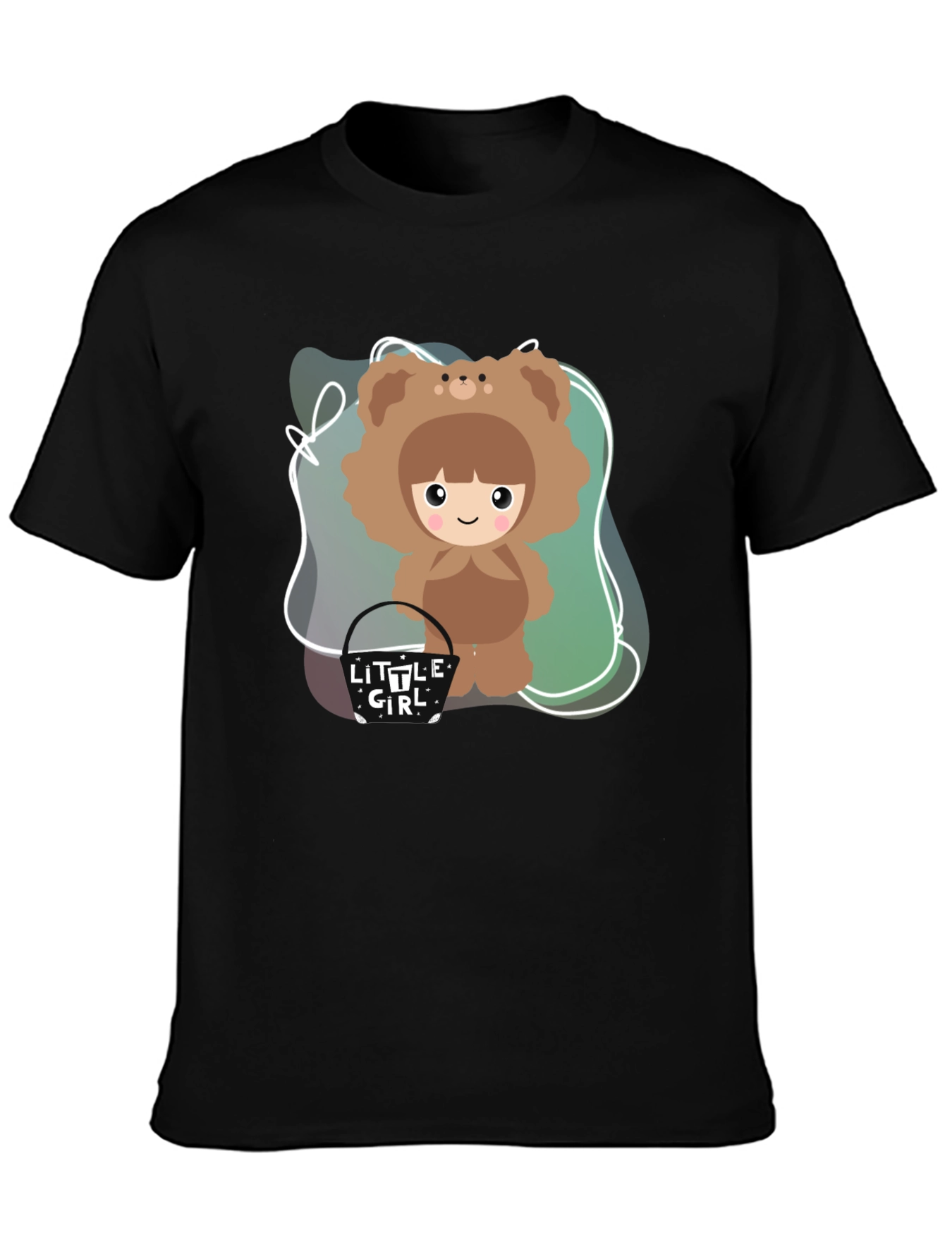 Cute Cartoon Girl Bear Costume Black T-Shirt
