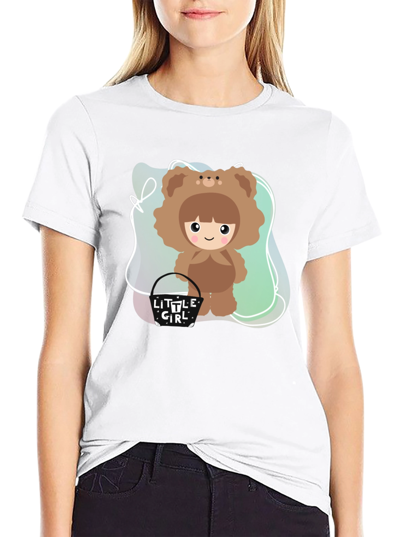 Cute Cartoon Girl Bear Costume Black T-Shirt
