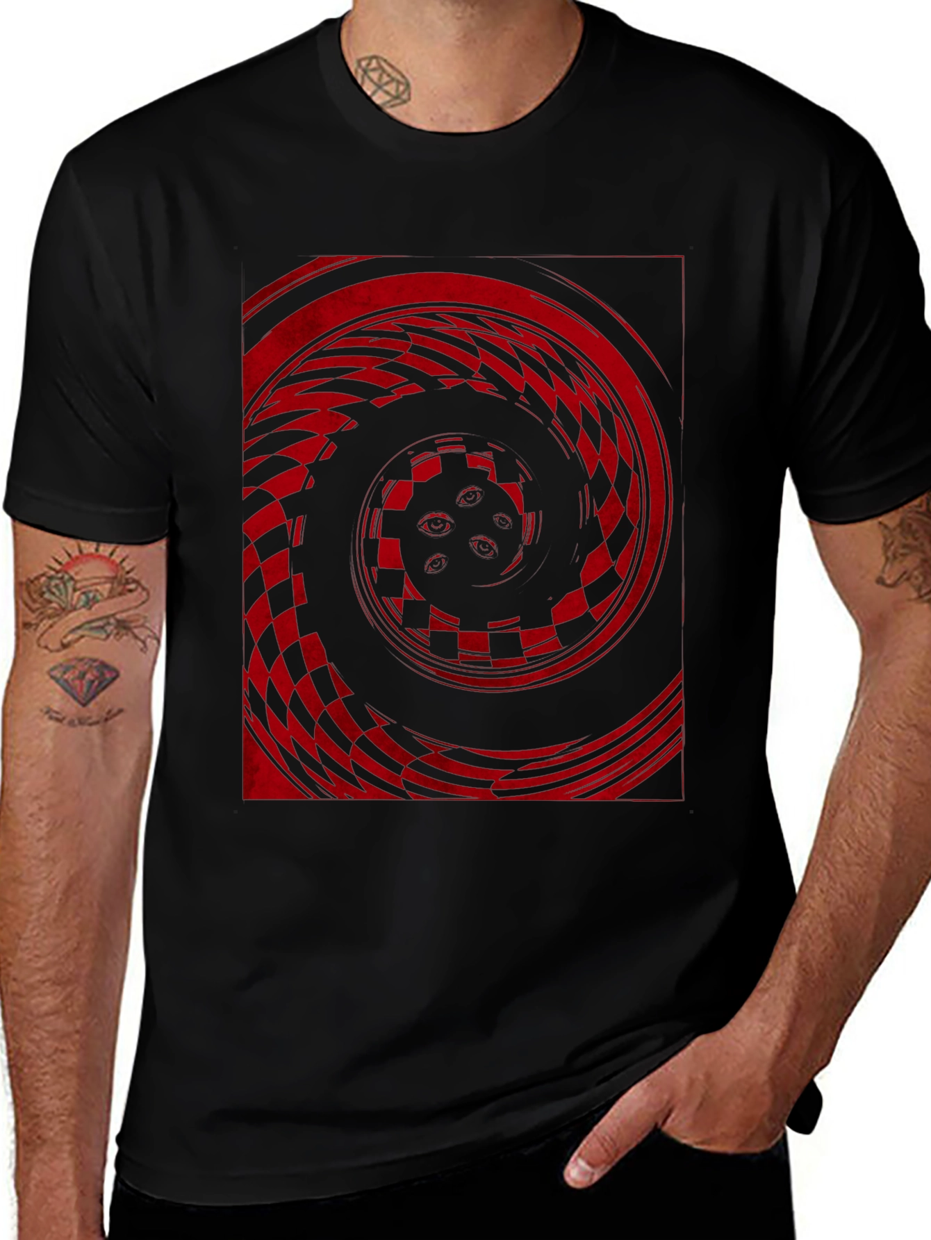 Red Vortex Graphic Print Black Tee