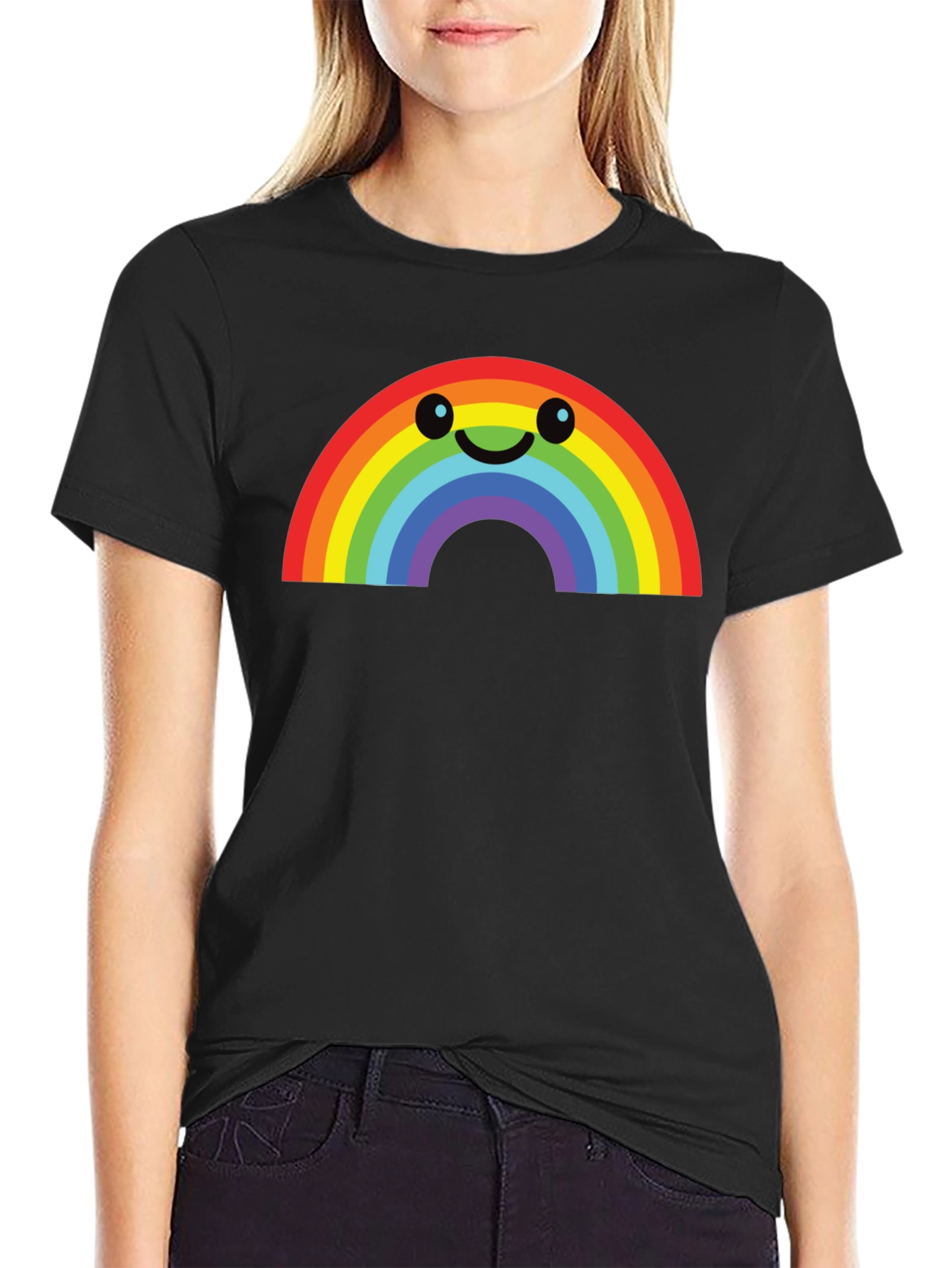 Rainbow Smiley Face Graphic Tee - Black