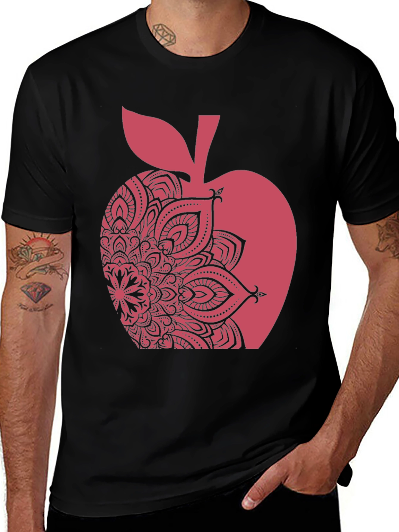Apple Mandala Graphic Tee - Stylish Mens Black T-Shirt