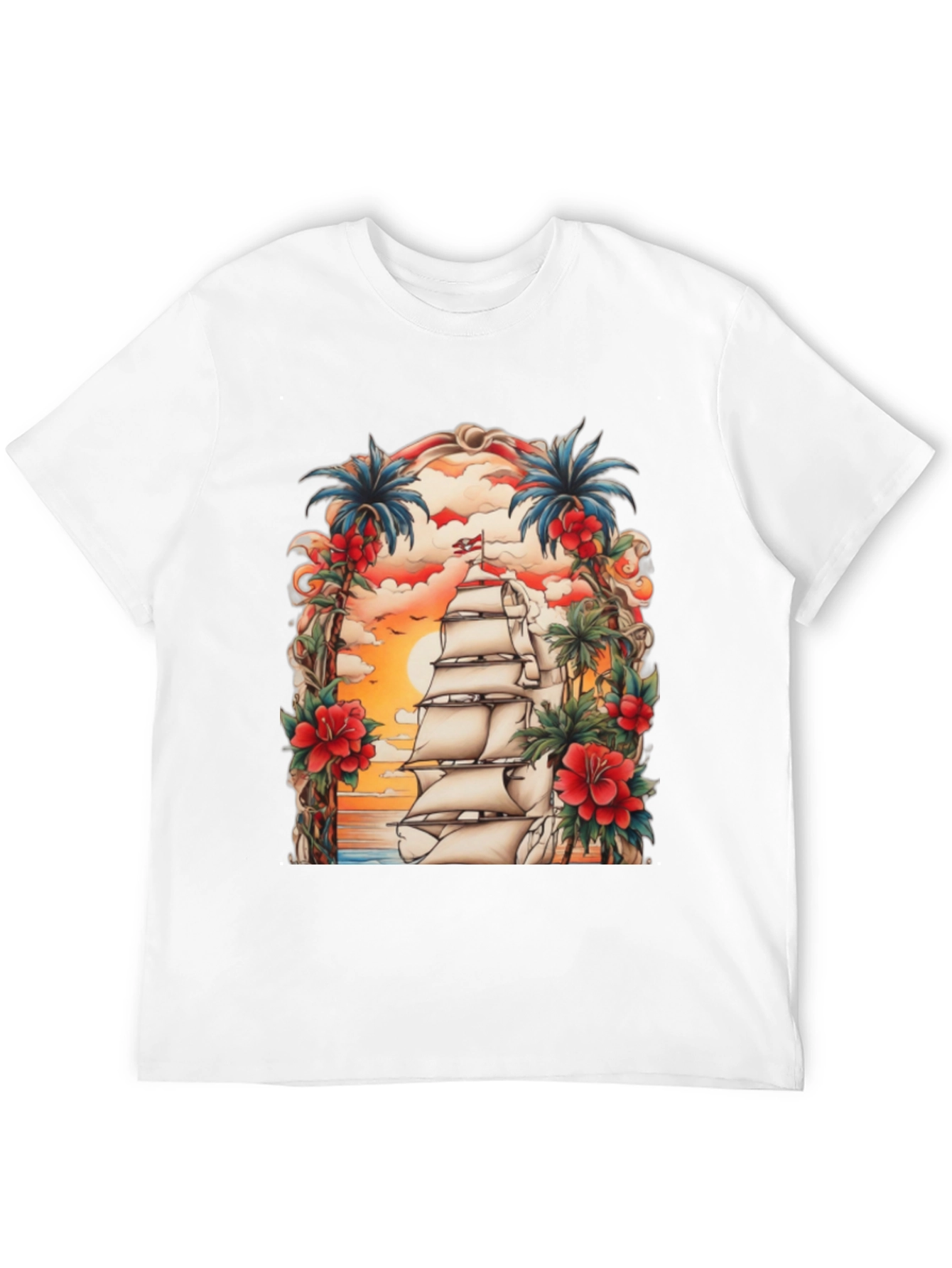 Tropical Sailing Ship Graphic Tee - Black Cotton T-Shirt