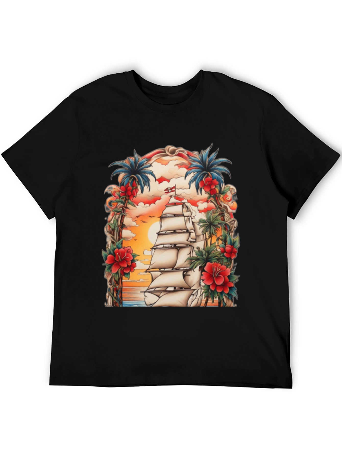 Tropical Sailing Ship Graphic Tee - Black Cotton T-Shirt