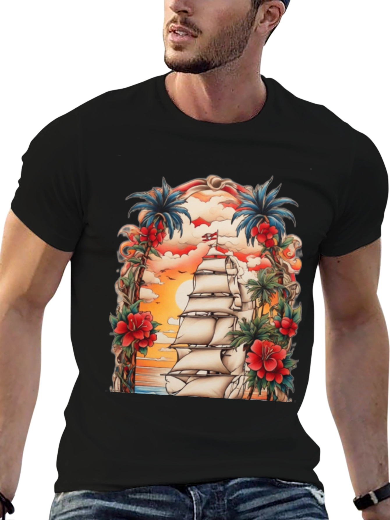 Tropical Sailing Ship Graphic Tee - Black Cotton T-Shirt