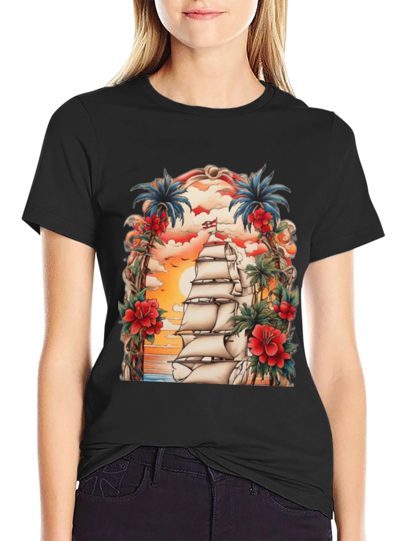 Tropical Sailing Ship Graphic Tee - Black Cotton T-Shirt