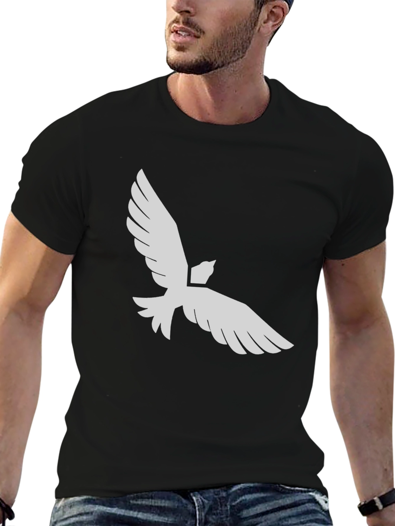 Black T-Shirt with White Dove Graphic Print