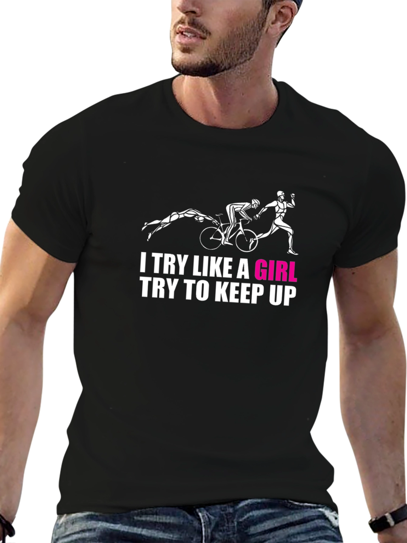 Try Like A Girl Black T-Shirt - Triathlon Design