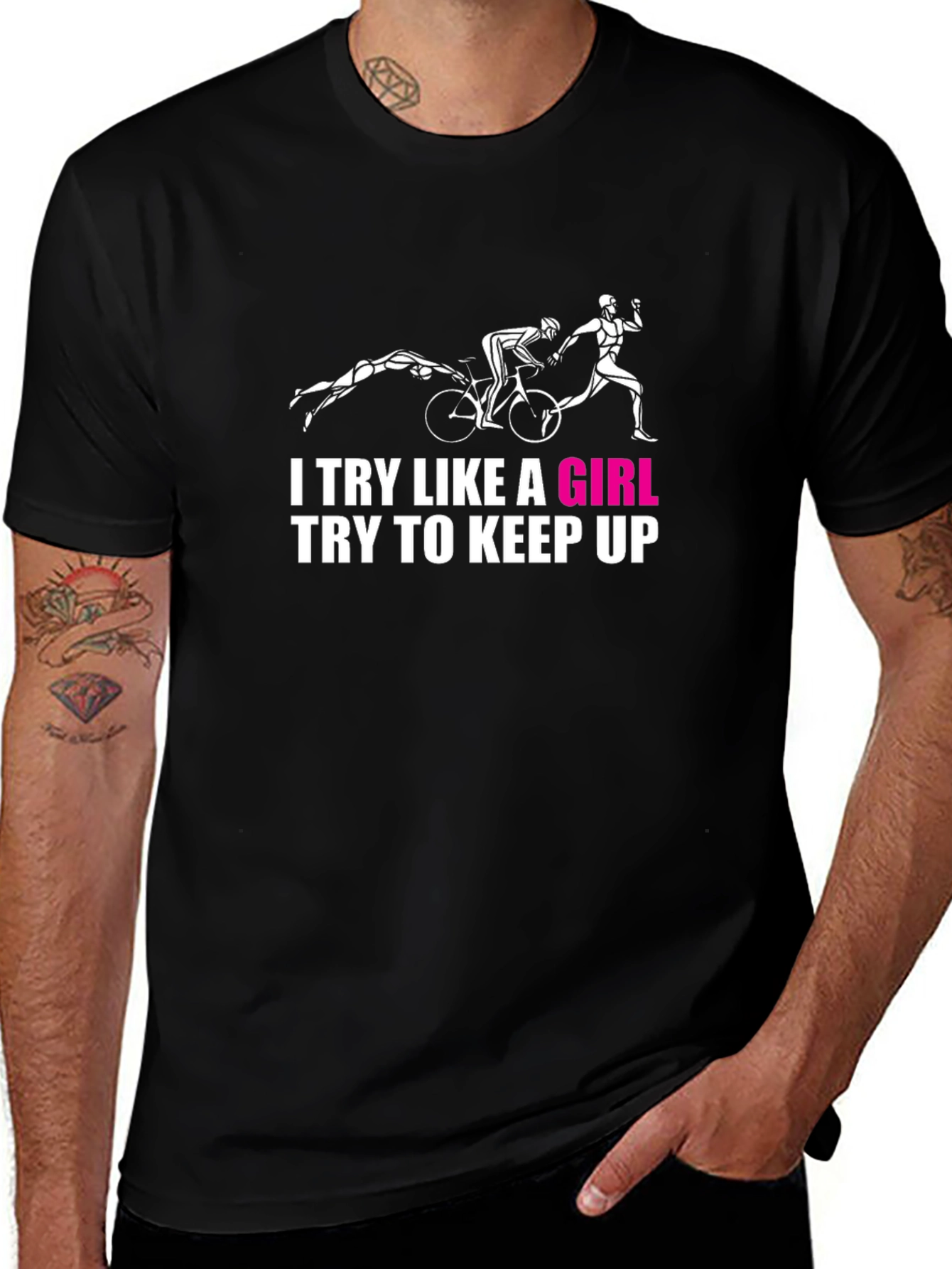 Try Like A Girl Black T-Shirt - Triathlon Design