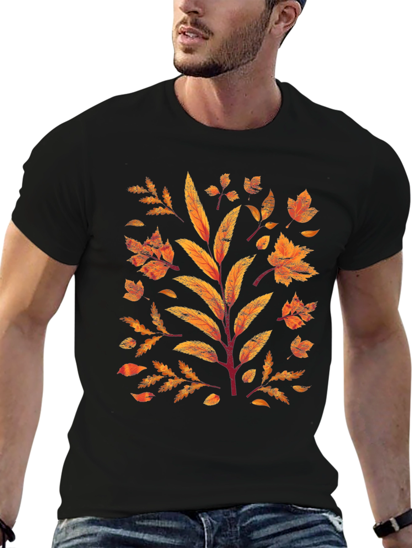 Autumn Leaves Graphic Print Black T-Shirt