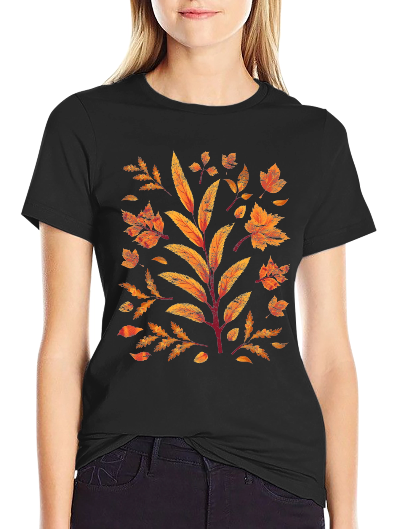 Autumn Leaves Graphic Print Black T-Shirt