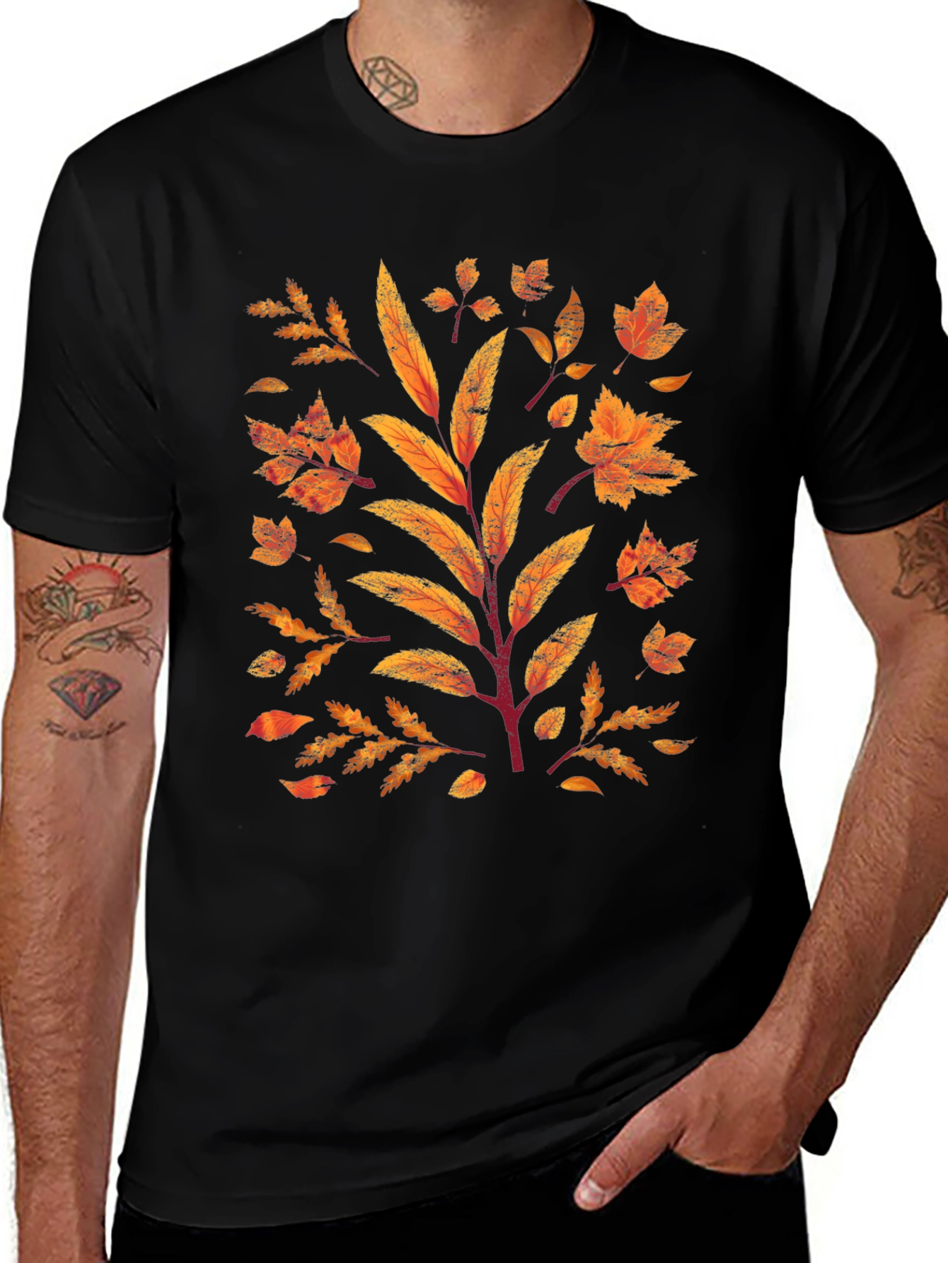 Autumn Leaves Graphic Print Black T-Shirt