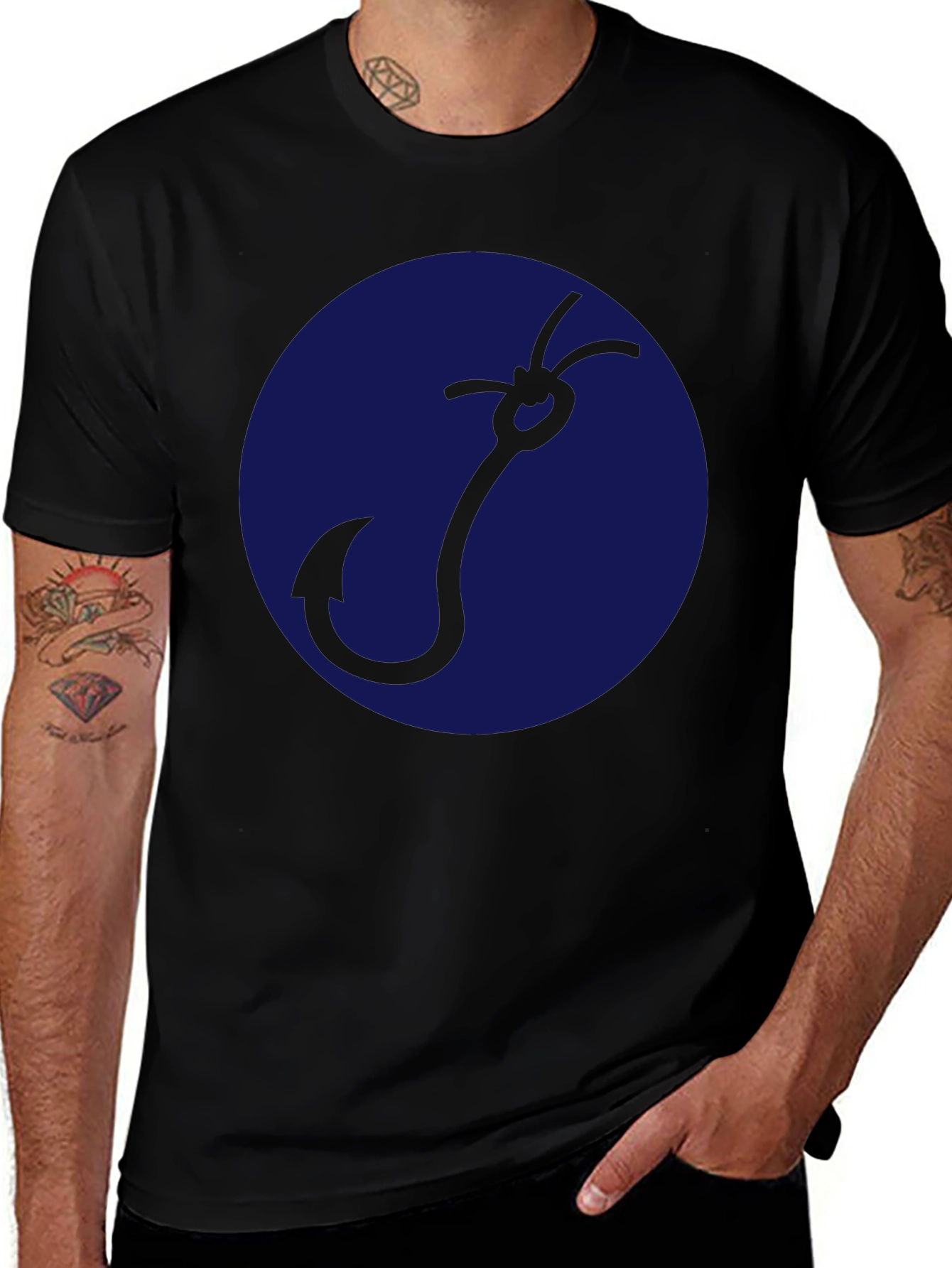 Fishing Hook Graphic Tee - Mens Black Cotton Shirt