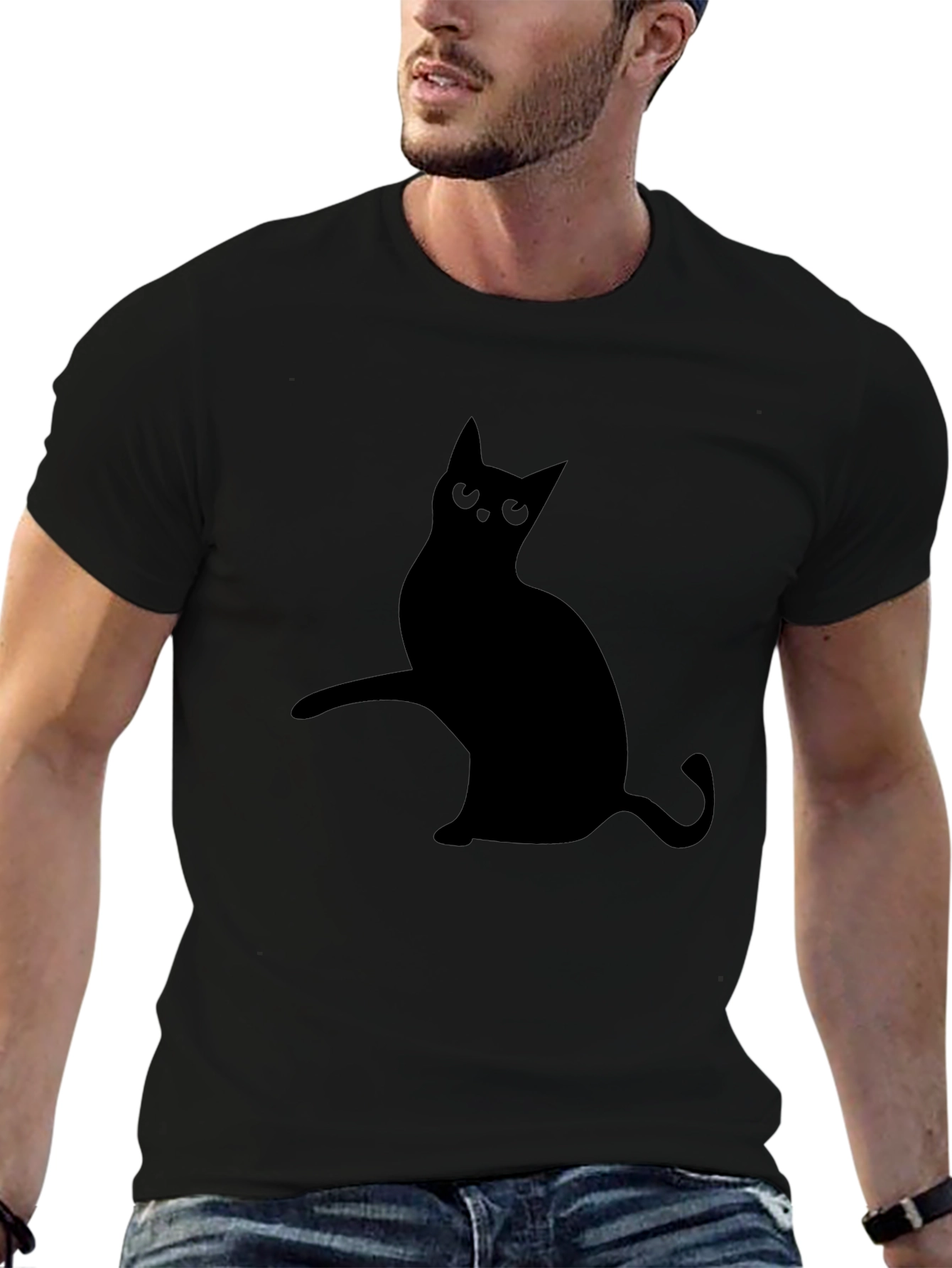 Mens Black T-Shirt with Cat Silhouette Design