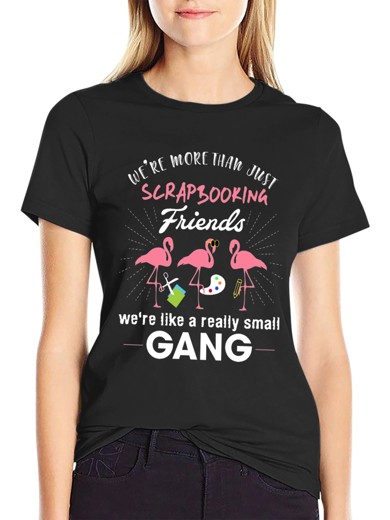 Scrapbooking Friends Graphic T-Shirt - Cute Flamingo Design