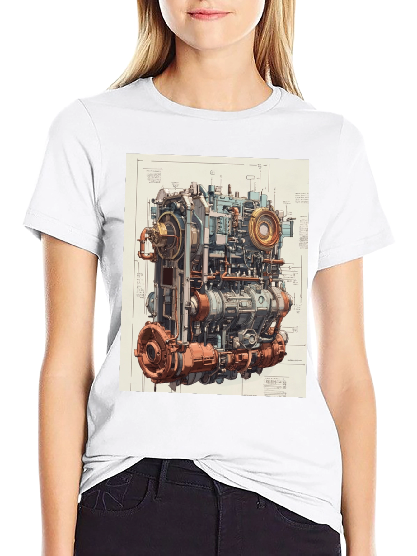 Steampunk Engine Blueprint Graphic T-Shirt