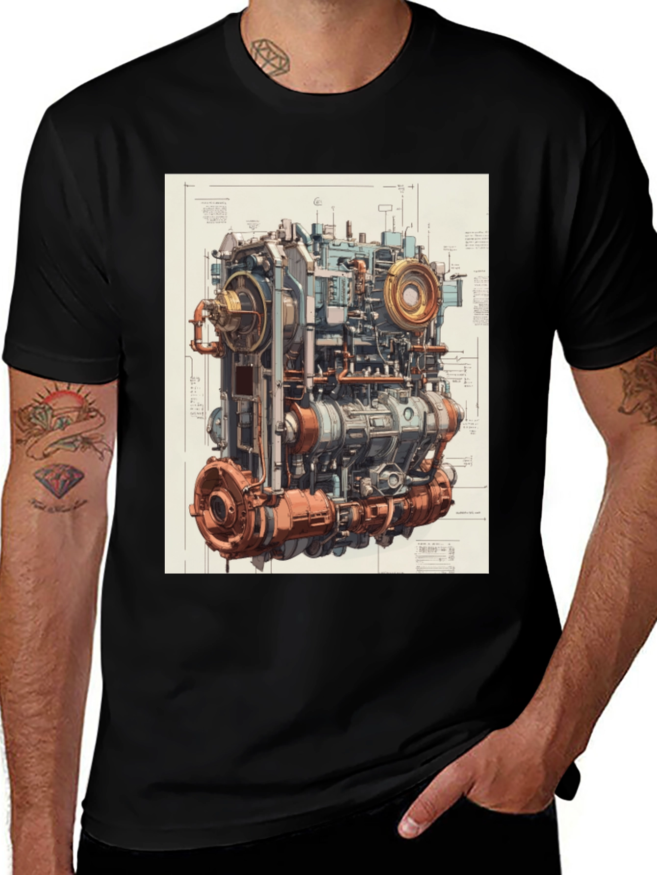 Steampunk Engine Blueprint Graphic T-Shirt