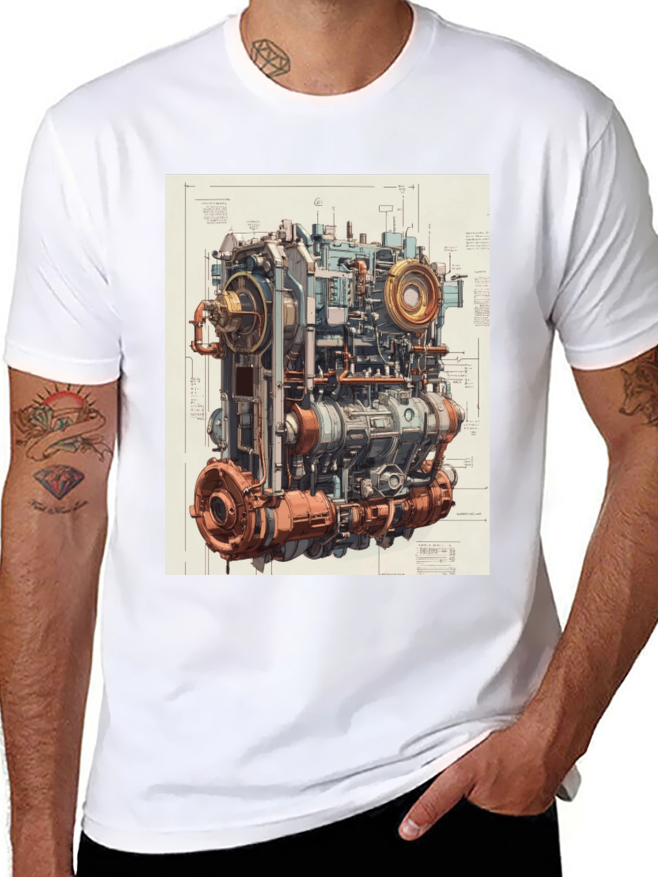 Steampunk Engine Blueprint Graphic T-Shirt