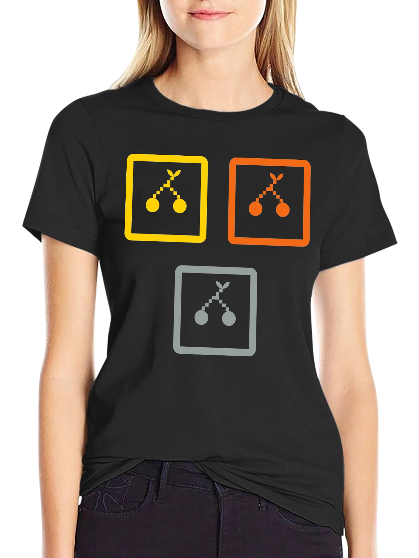 Trendy Graphic Tee: Cherry Icon Squares
