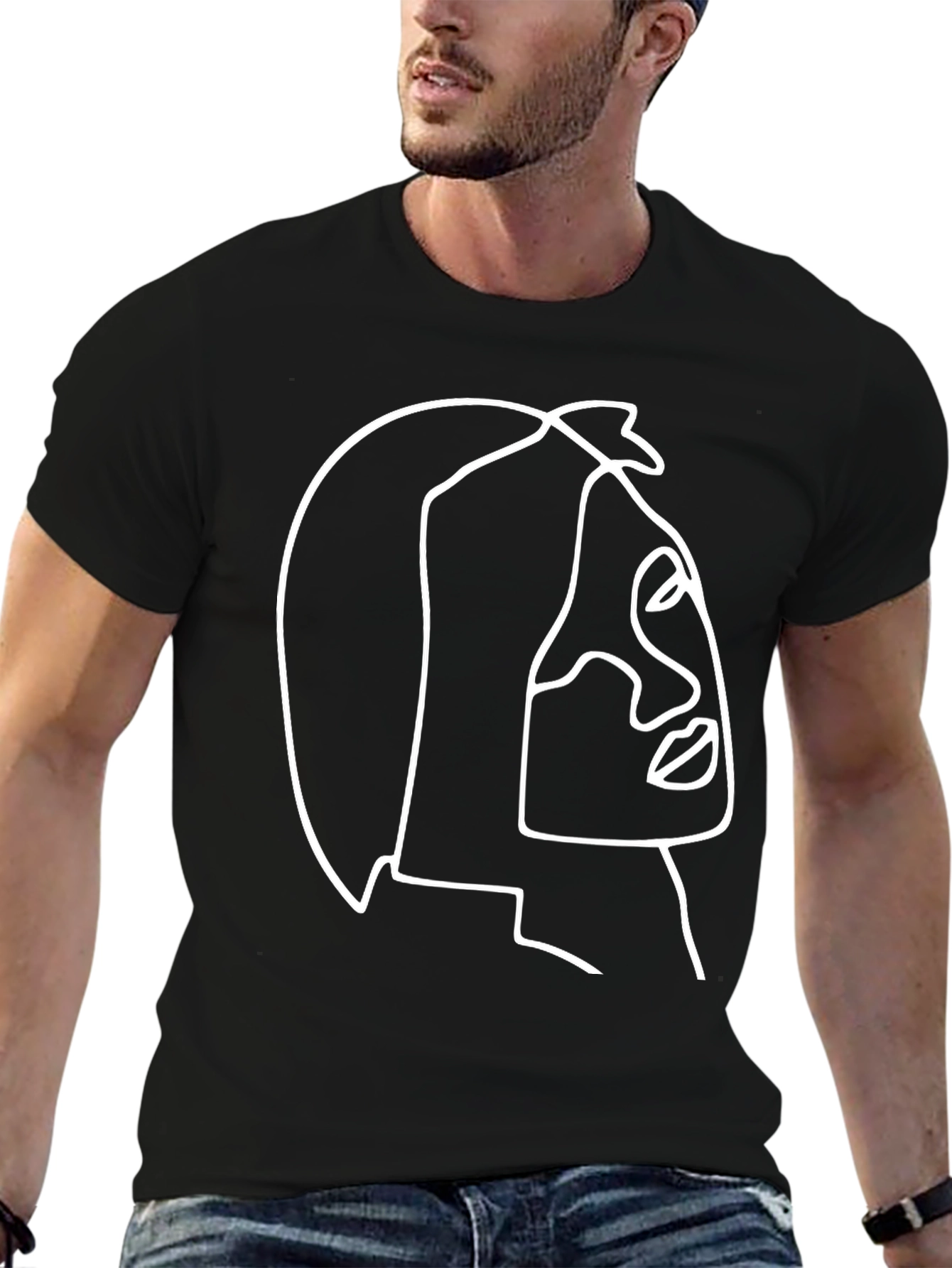 Abstract Face Line Art Graphic Tee - Black