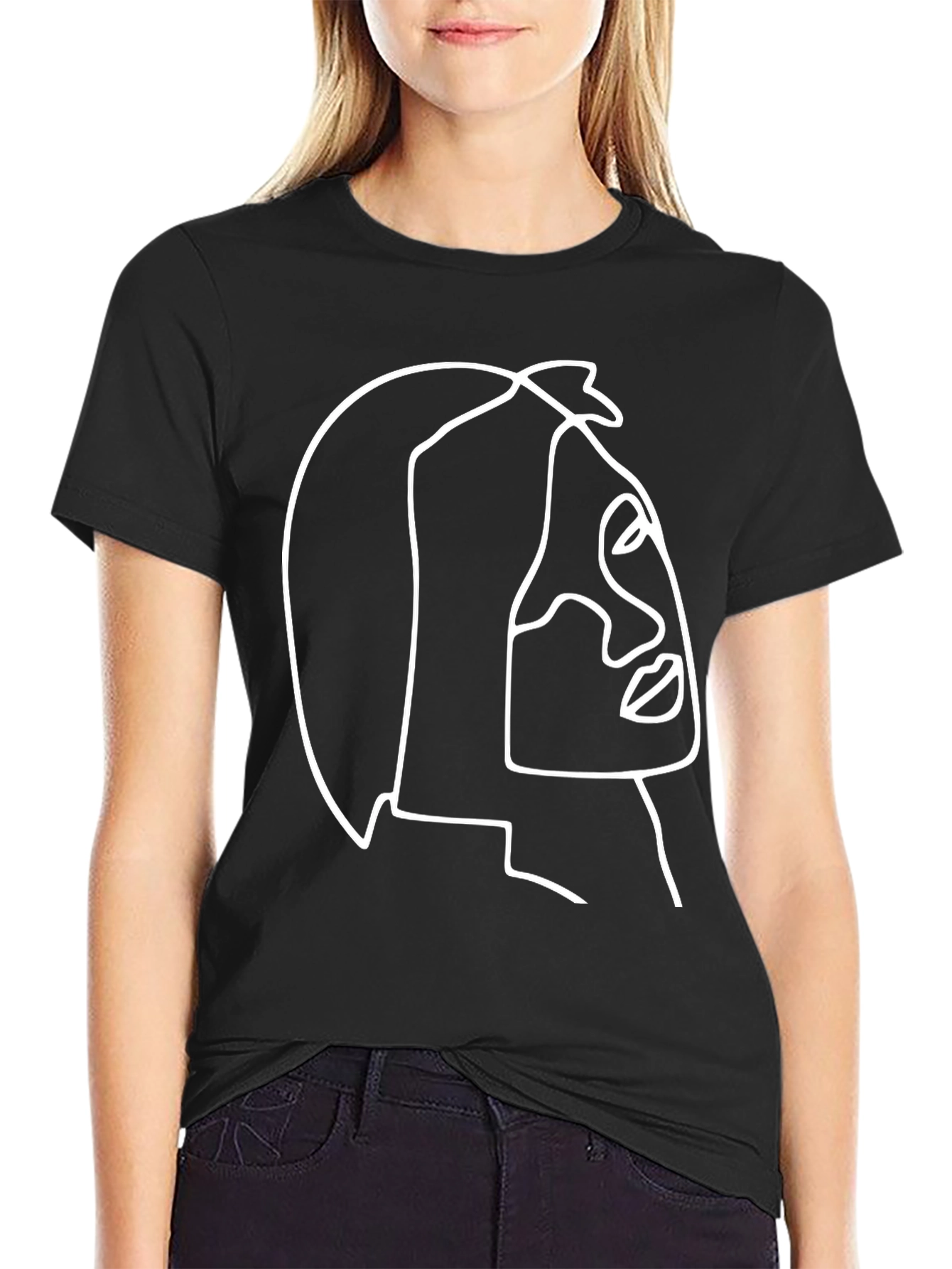 Abstract Face Line Art Graphic Tee - Black