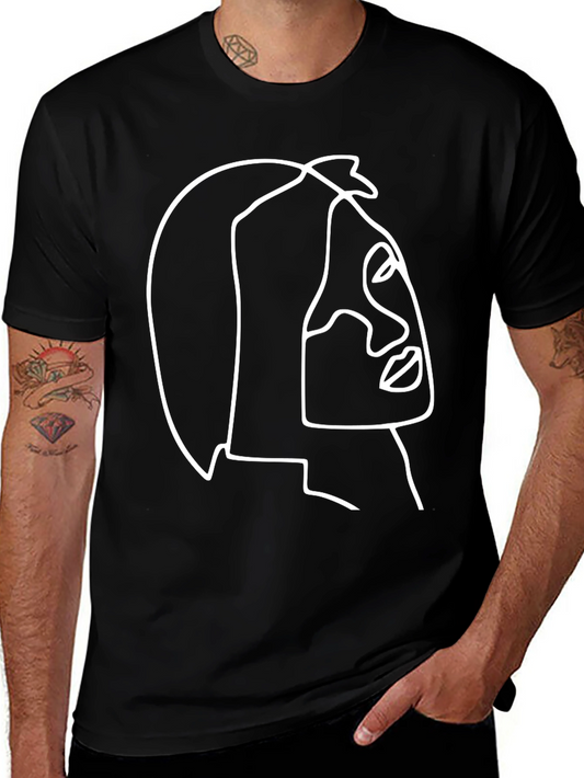 Abstract Face Line Art Graphic Tee - Black