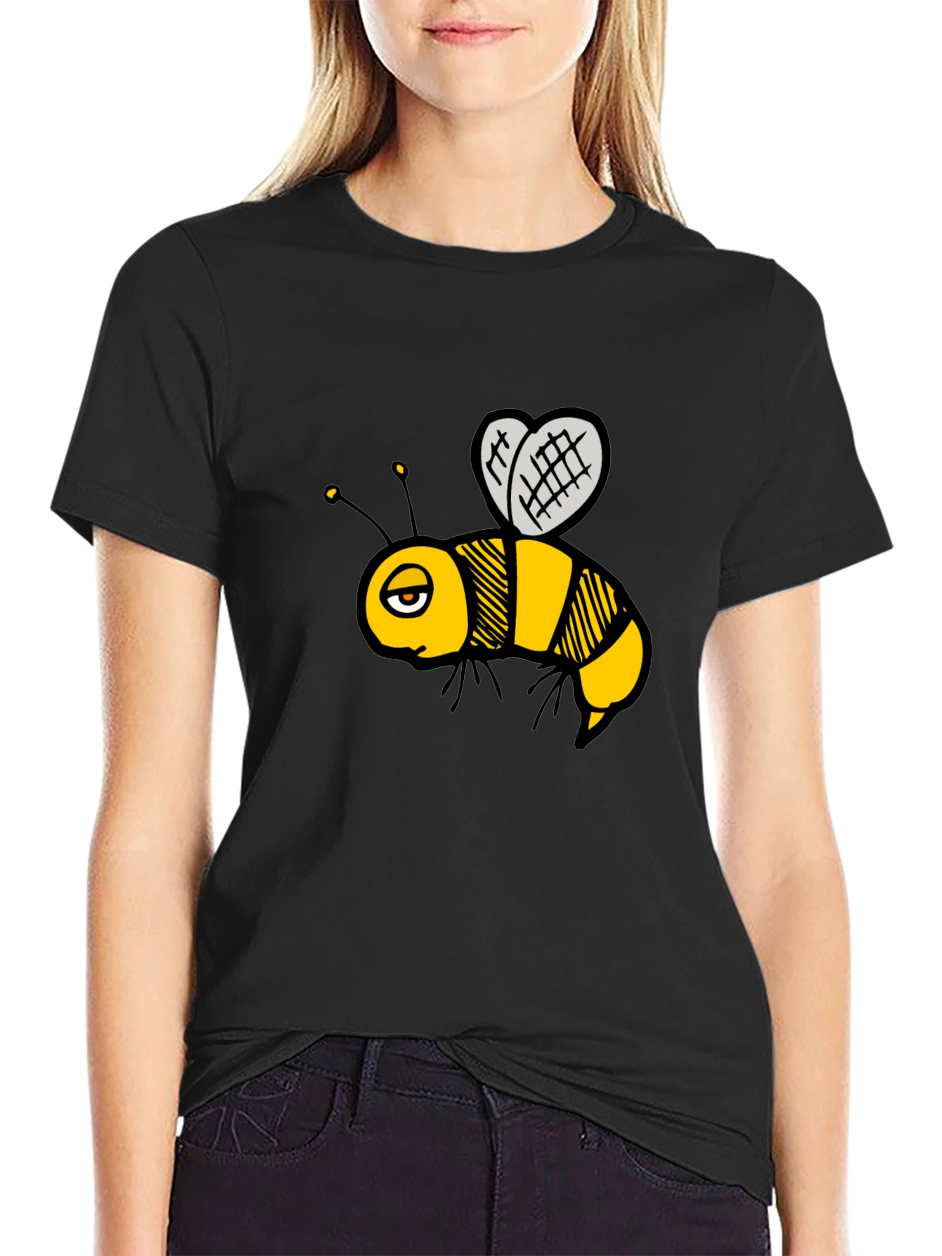 Cartoon Bee Graphic T-Shirt - Black