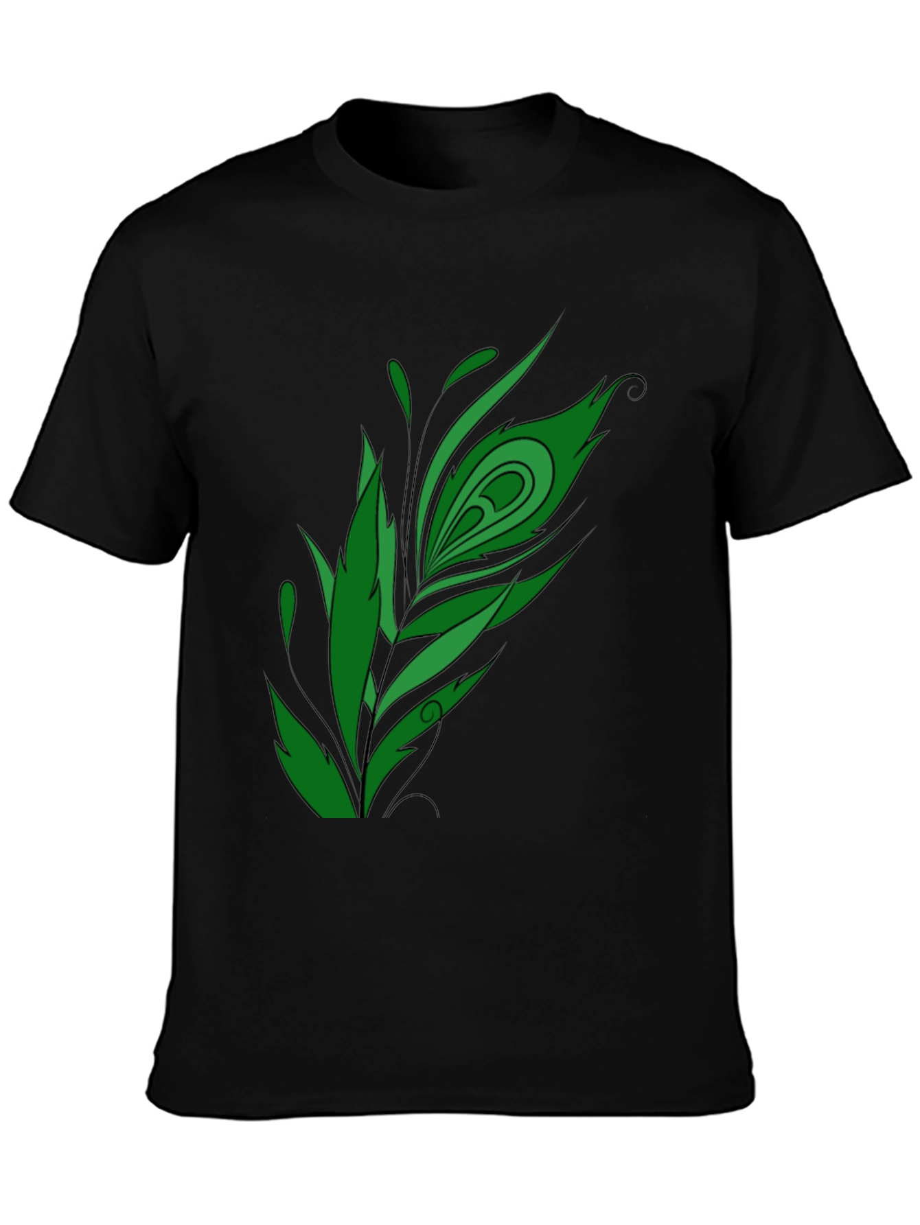 Mens Black T-shirt with Green Feather Graphic