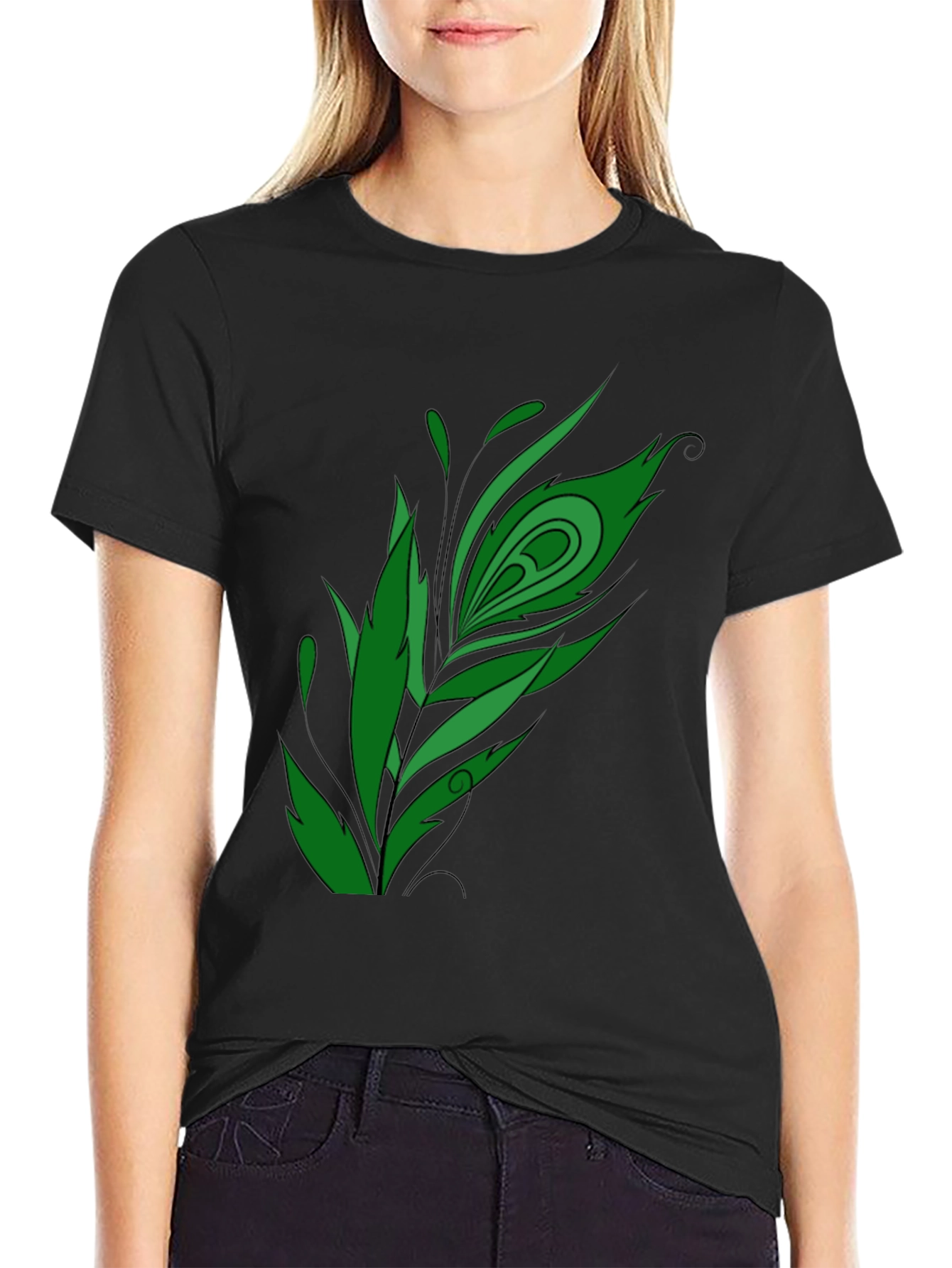 Mens Black T-shirt with Green Feather Graphic
