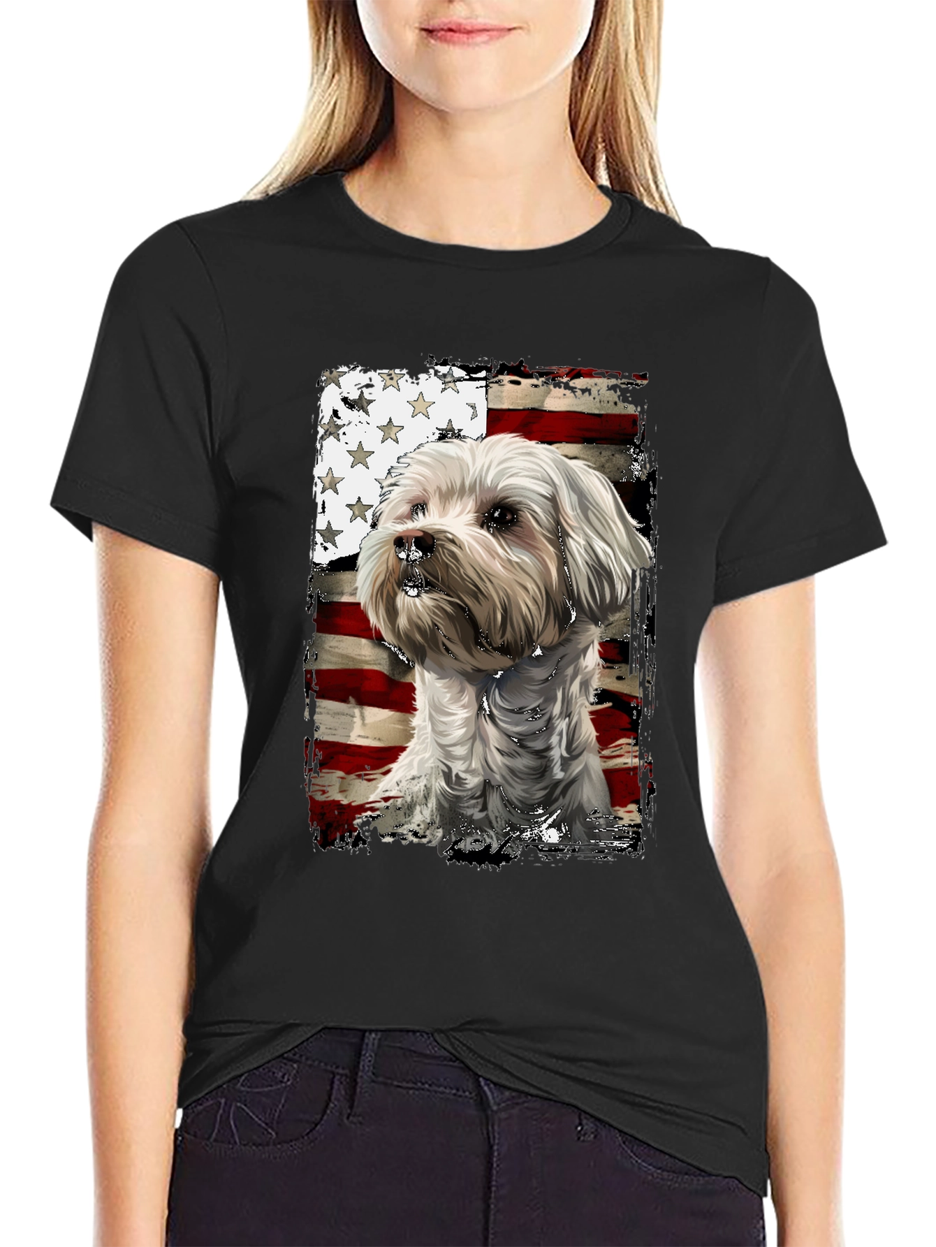 Patriotic Dog T-Shirt - USA Flag Maltese Design