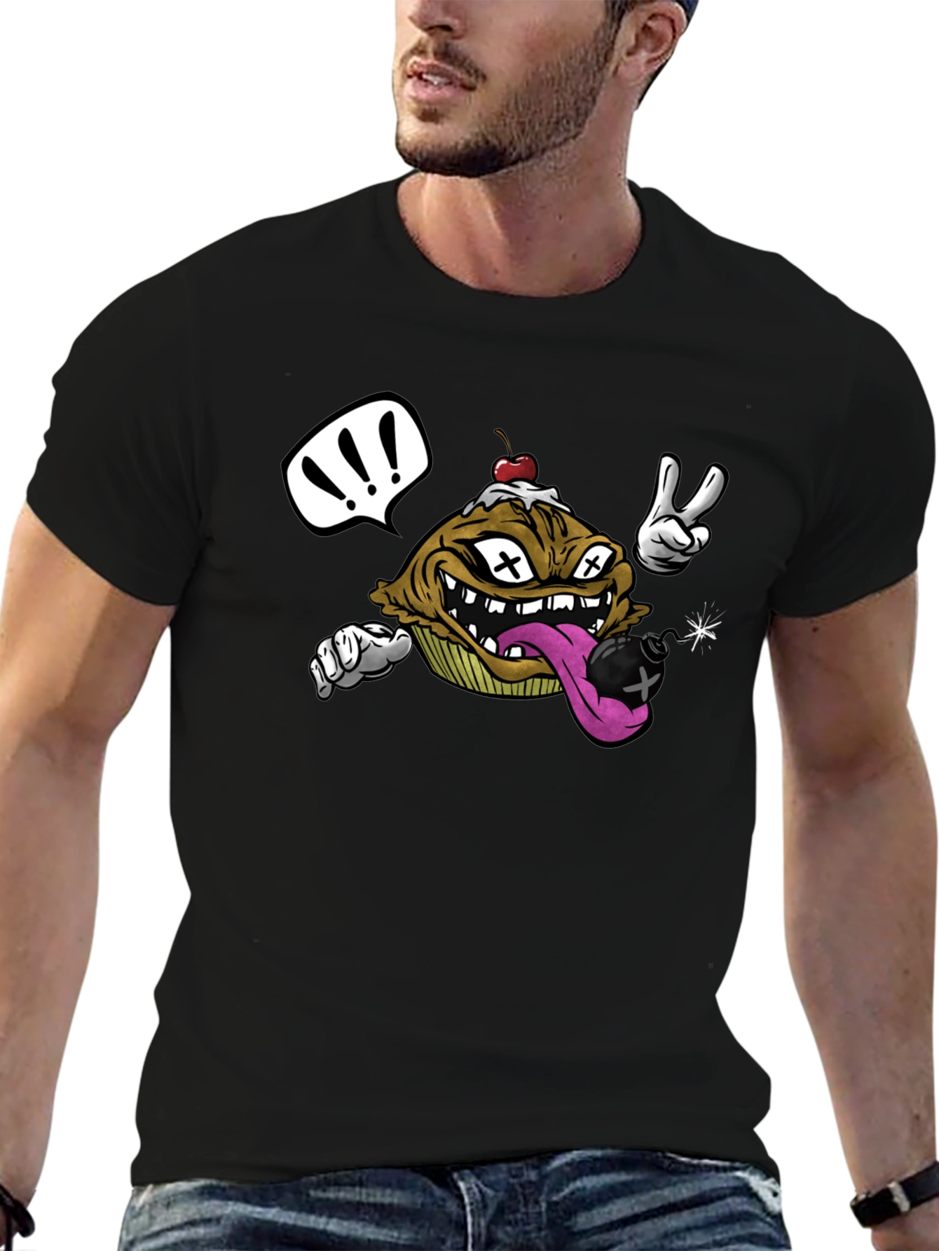 Cartoon Cupcake Bomb Black T-Shirt