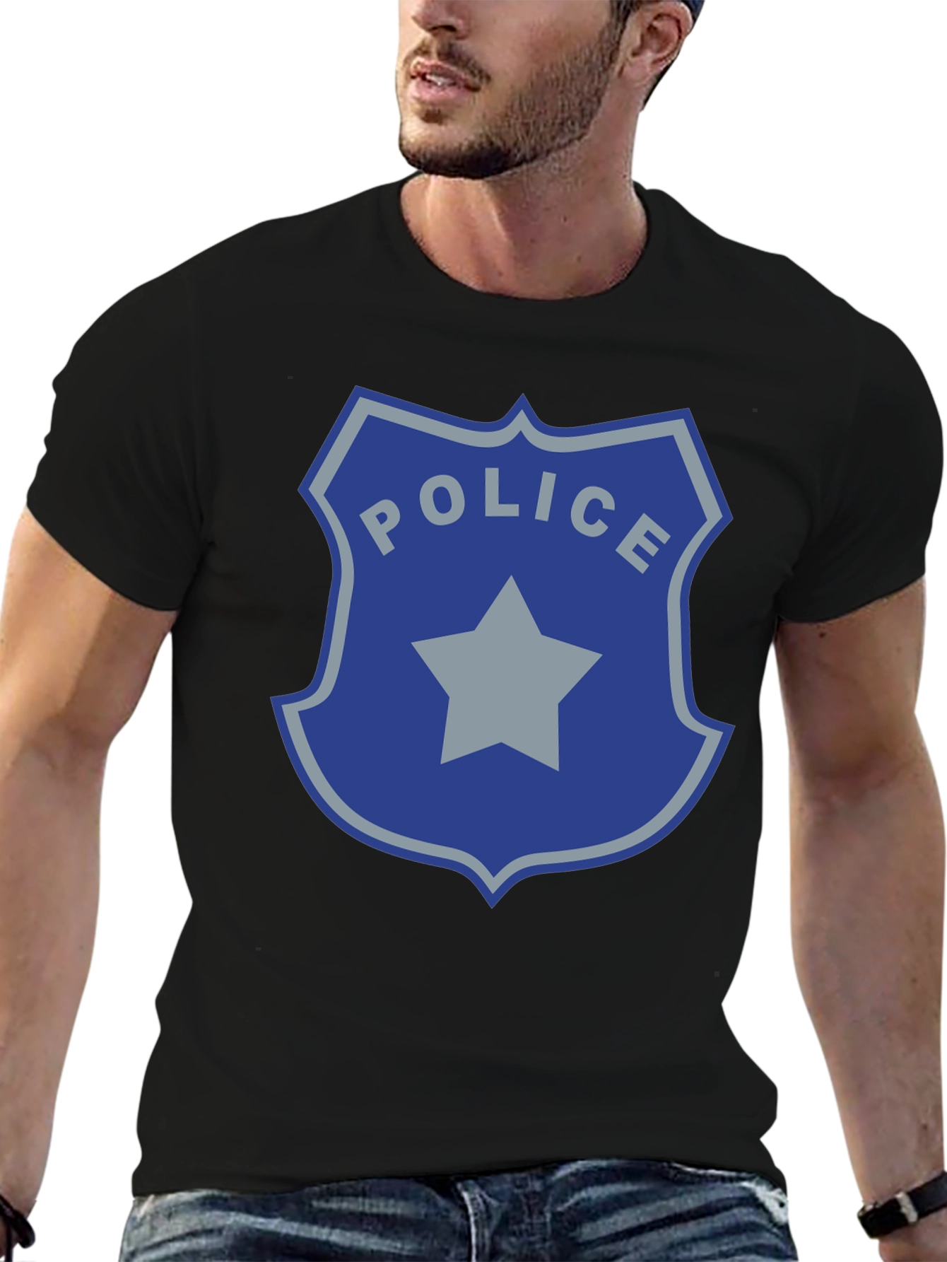 Police Badge Graphic Print Black T-Shirt