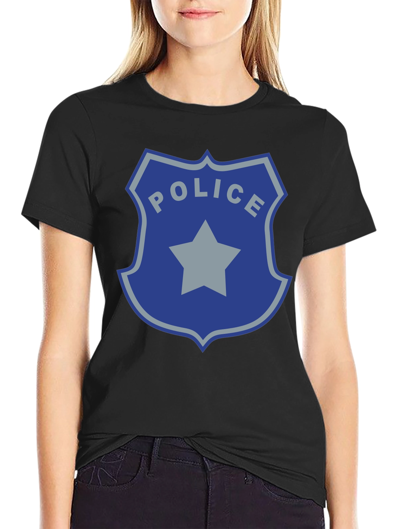 Police Badge Graphic Print Black T-Shirt
